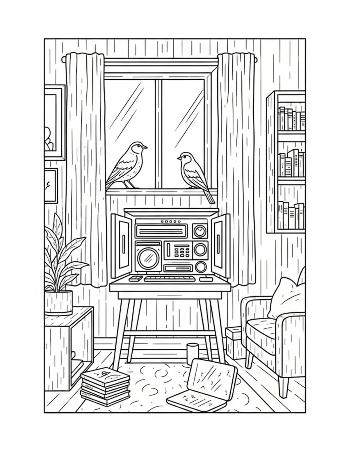 Free printable coloring page: cozy bird watching room coloring page. Cute and cozy design for kids and adults to download and print.