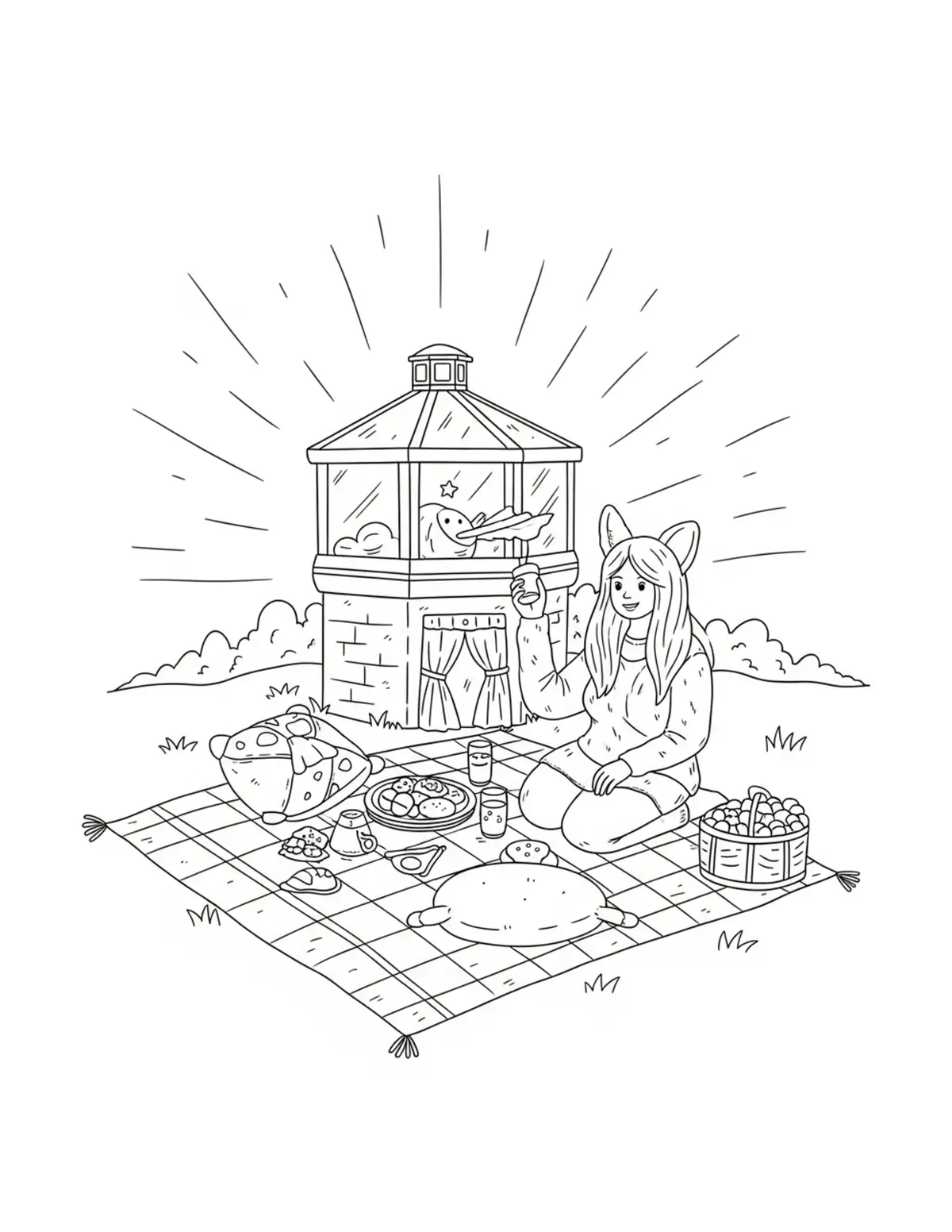 Free printable coloring page: cozy summer stargazing picnic coloring page. Cute and cozy summer design for kids and adults to download and print.
