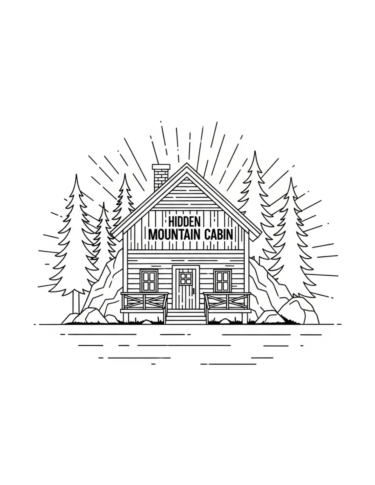 Free printable coloring page: hidden-mountain-cabin-trail coloring page. Cute and cozy design for kids and adults to download and print.