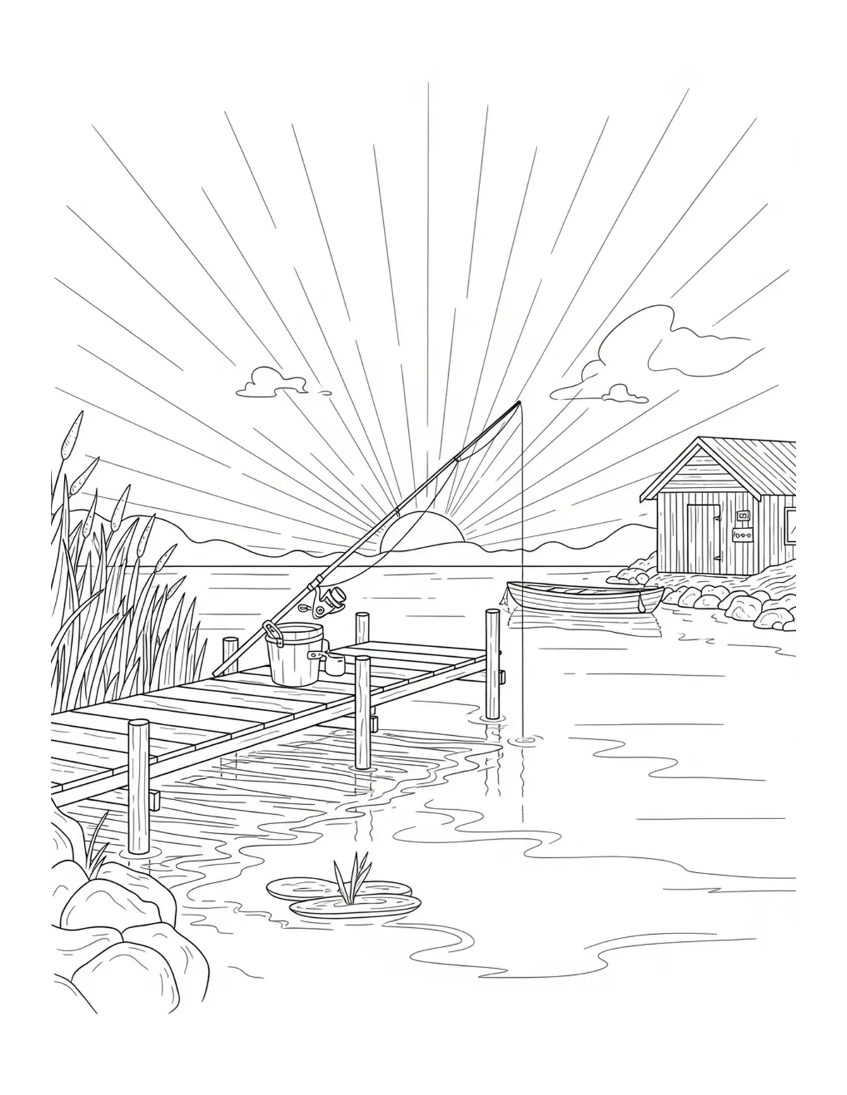 Free printable coloring page: cozy lakeside fishing dock coloring page. Cute and cozy lakeside design for kids and adults to download and print.