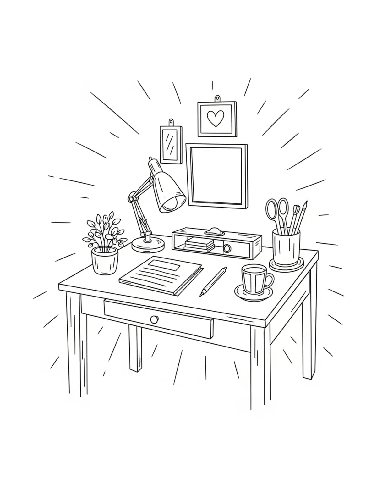 Free printable coloring page: cozy letter writing desk coloring page. Cute and cozy design for kids and adults to download and print.