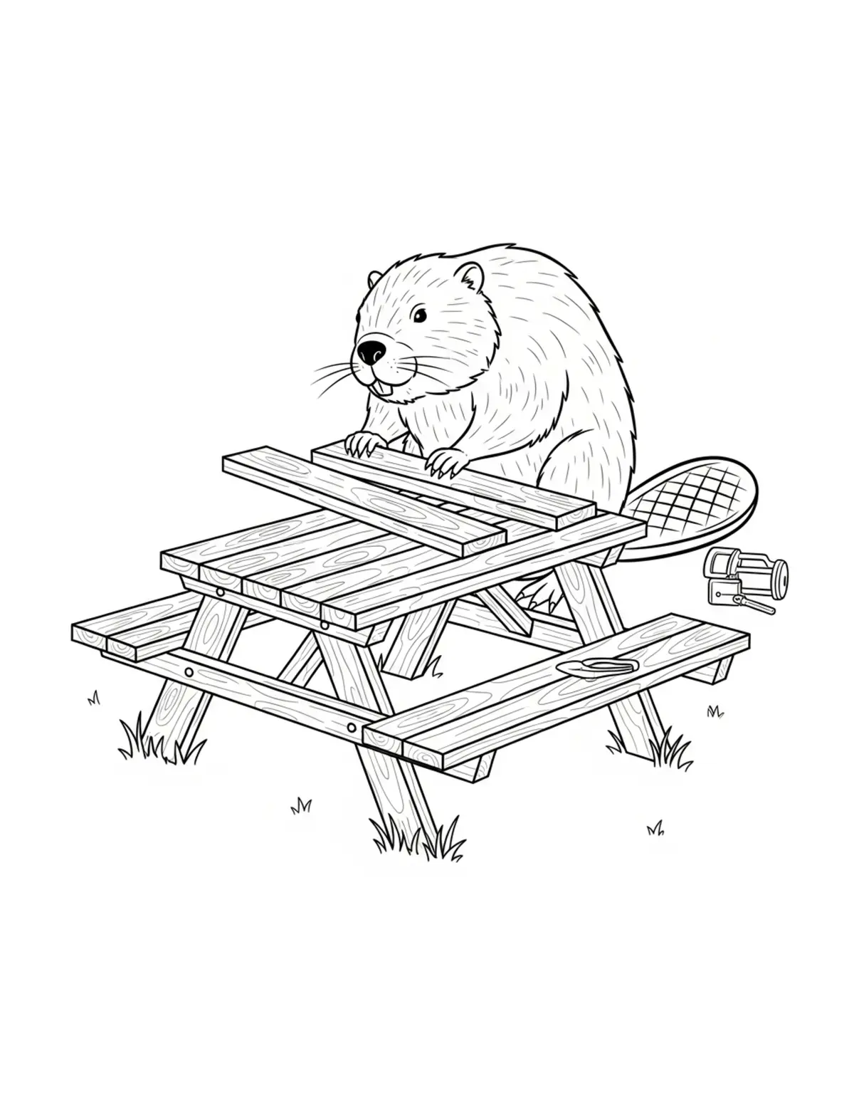 Beaver Assembling a Picnic Table Coloring Page - free printable JPG featuring adorable woodland beaver