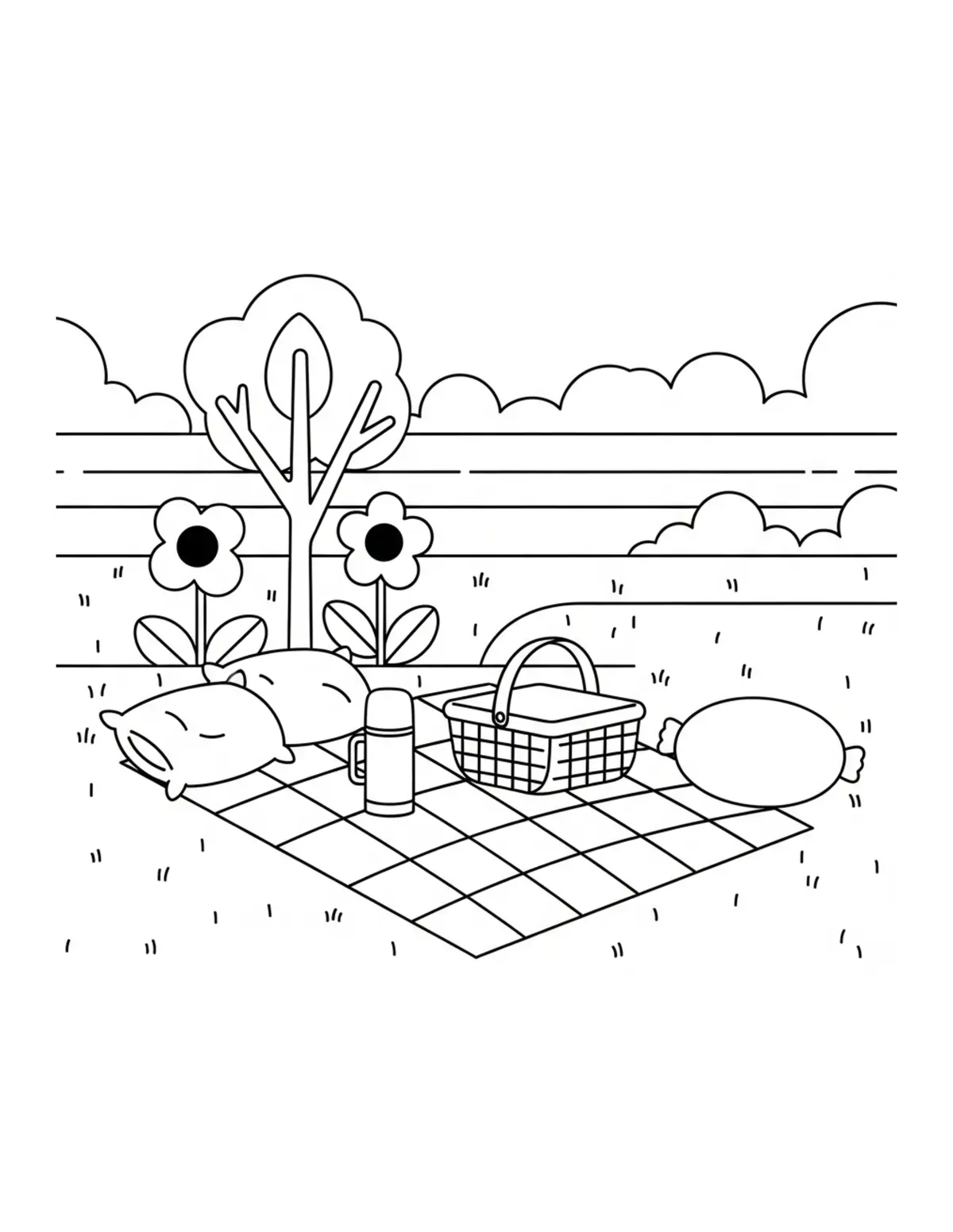 Free printable coloring page: cozy garden picnic corner coloring page. Cute and cozy garden design for kids and adults to download and print.