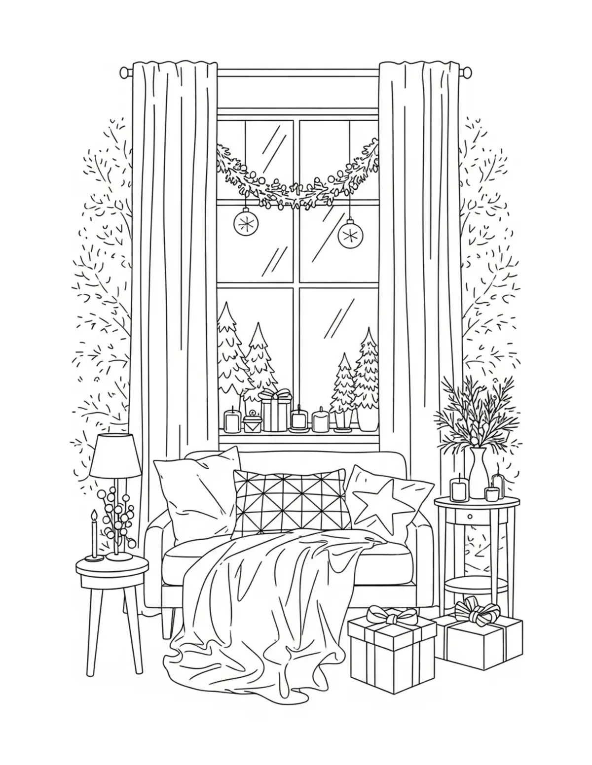 Free printable coloring page: cozy seasonal display room coloring page. Cute and cozy design for kids and adults to download and print.