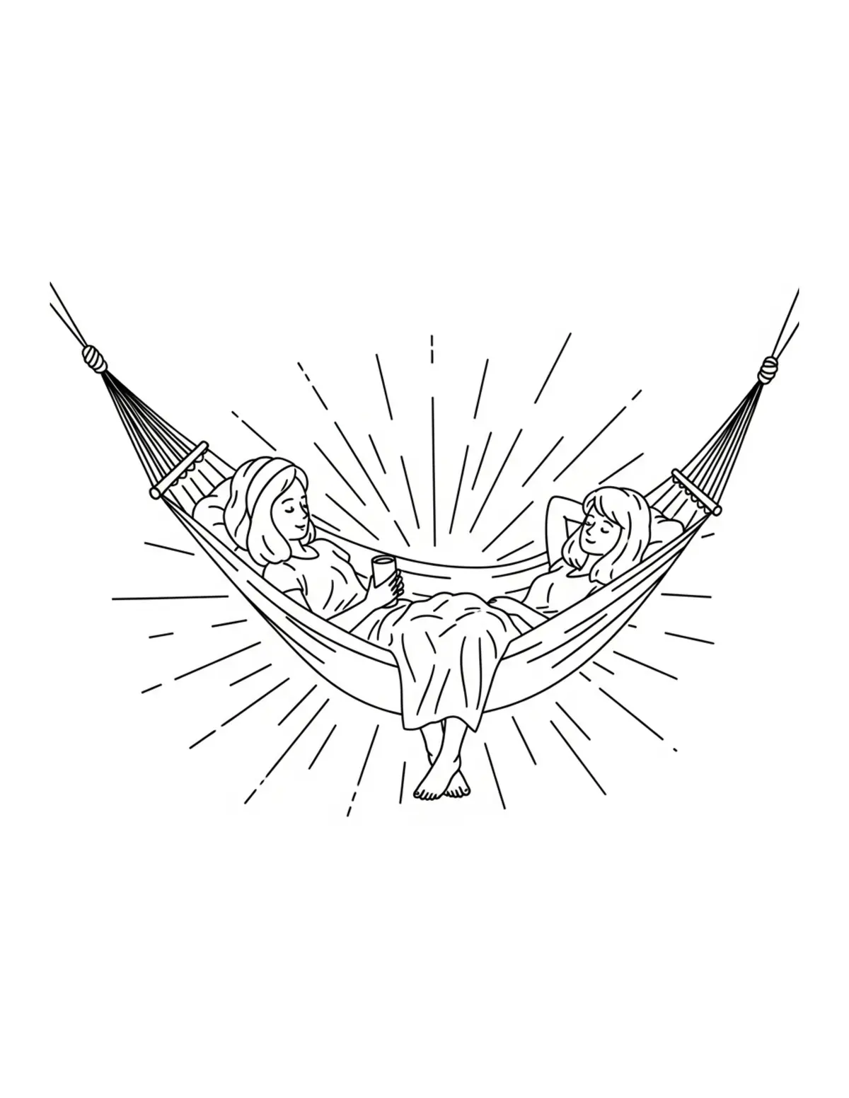 Free printable coloring page: cozy summer hammock nap coloring page. Cute and cozy summer design for kids and adults to download and print.