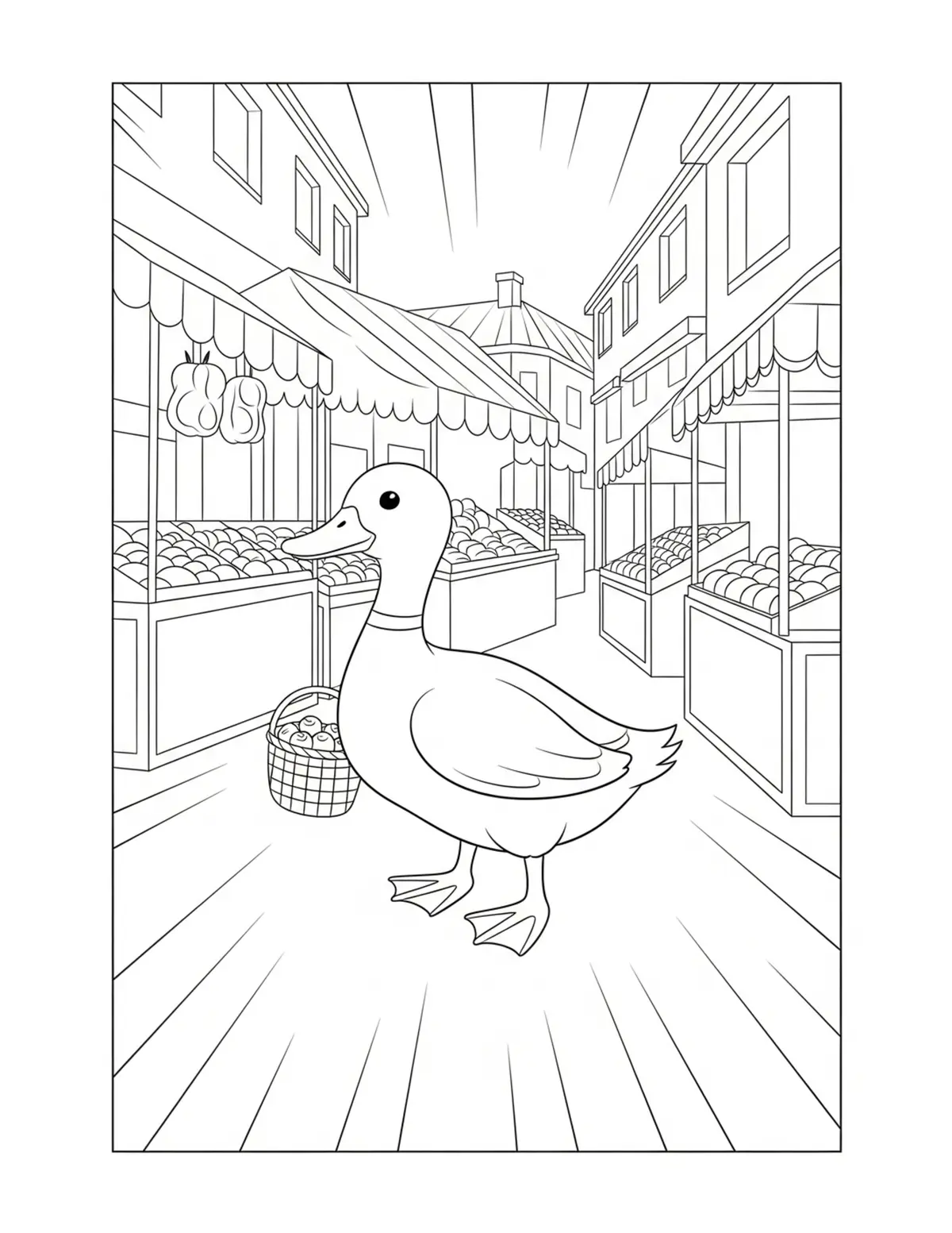 Cute Duck Carrying A Small Bas Coloring Page - free printable JPG featuring adorable tiny animal village scene