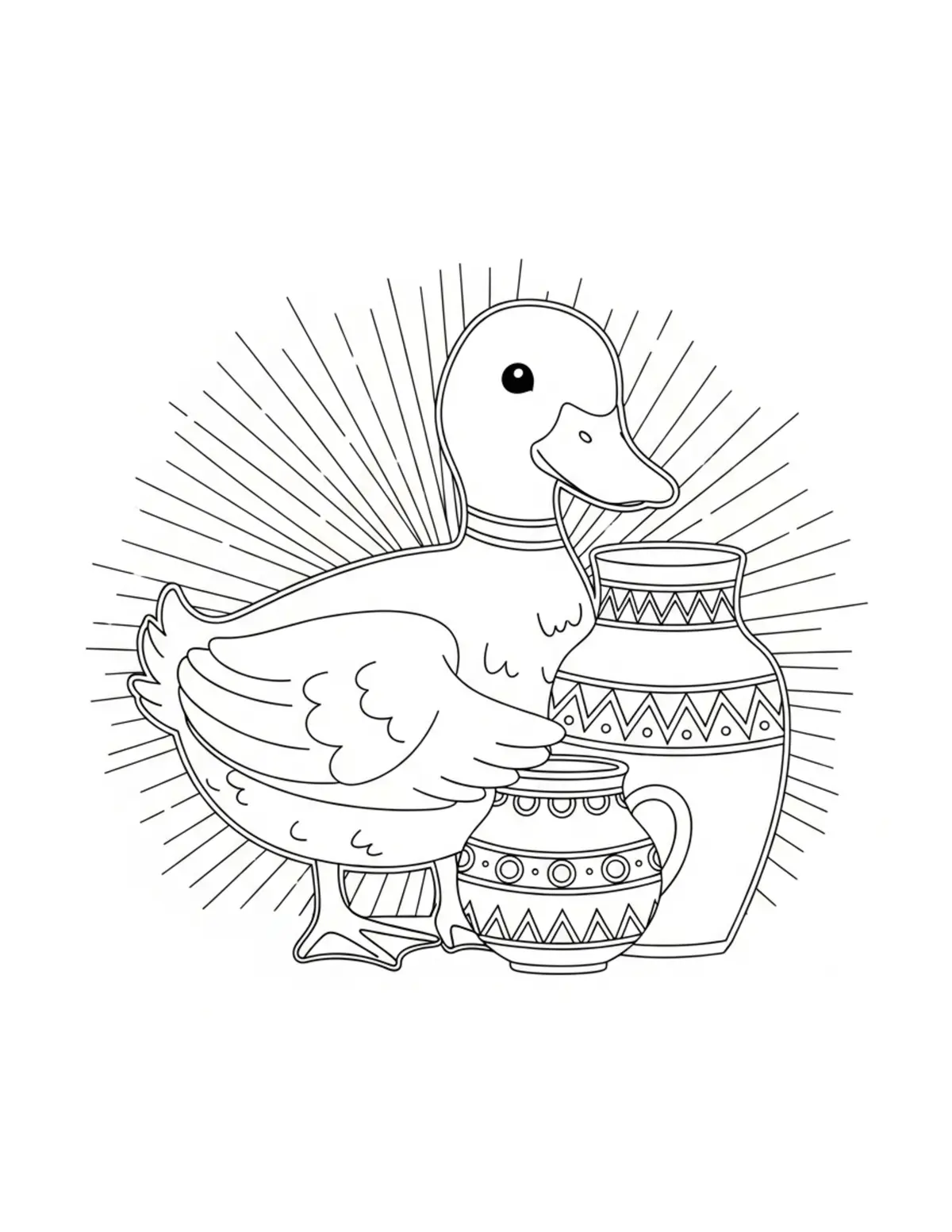 Cute Duck Decorating Pottery W Coloring Page - free printable JPG featuring adorable tiny animal village scene