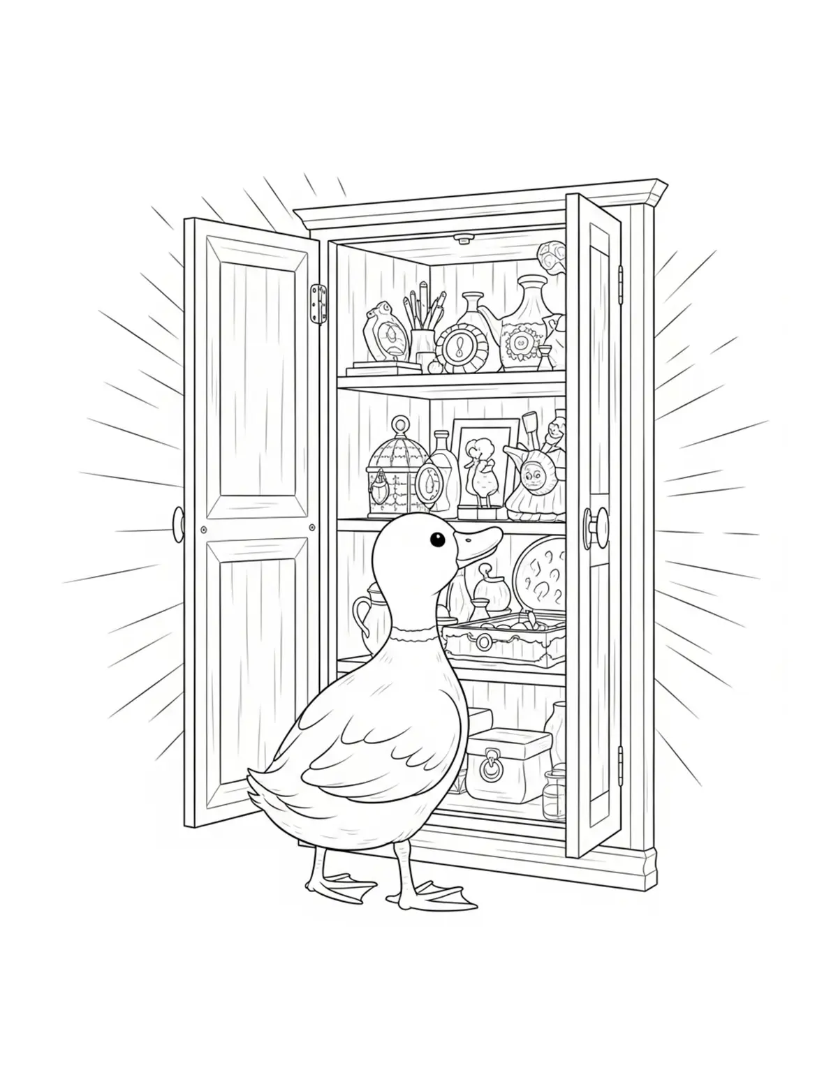 Cute Duck Exploring A Cabinet Coloring Page - free printable JPG featuring adorable tiny animal village scene