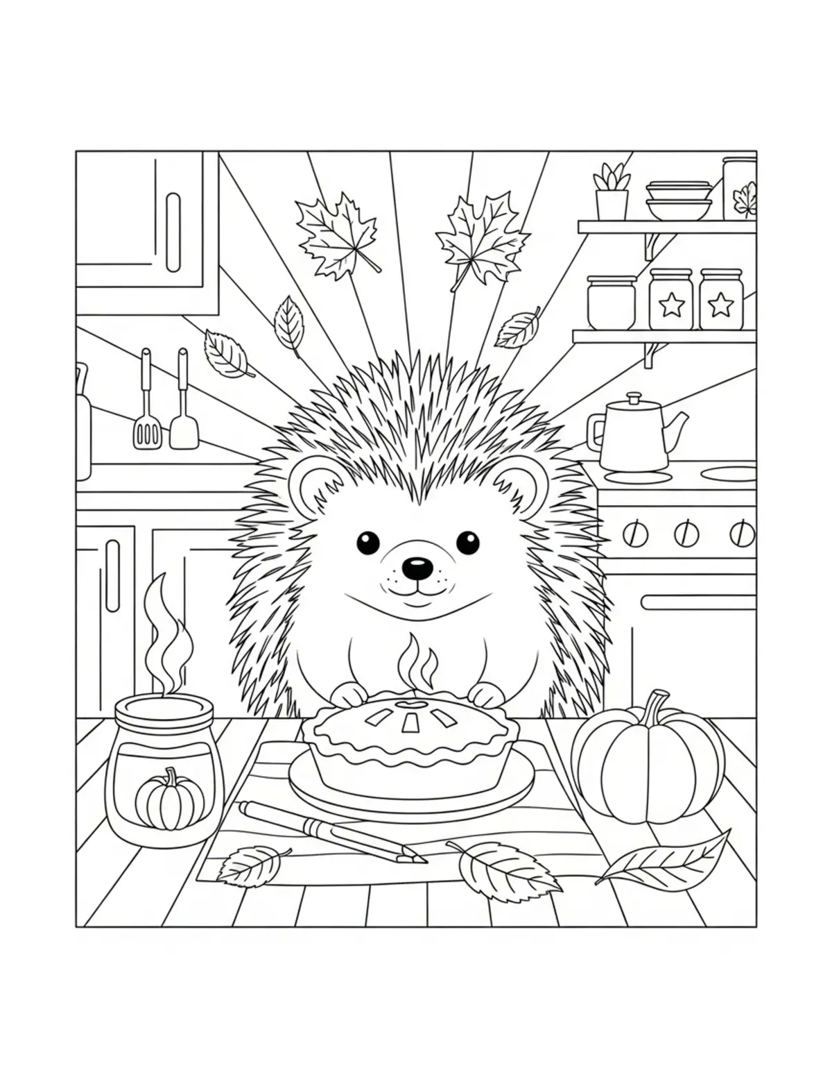 Cute Hedgehog Autumn Bakery Co — free printable cozy coloring coloring page for kids and adults