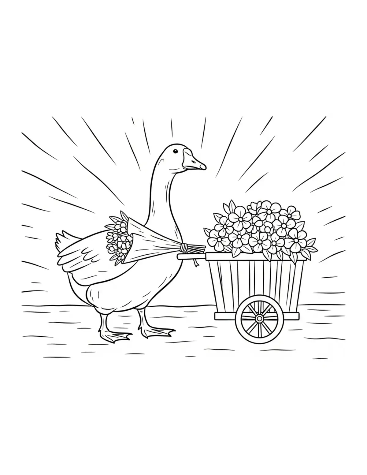 Goose Delivering Flower Bouque Coloring Page - free printable JPG featuring adorable woodland animals
