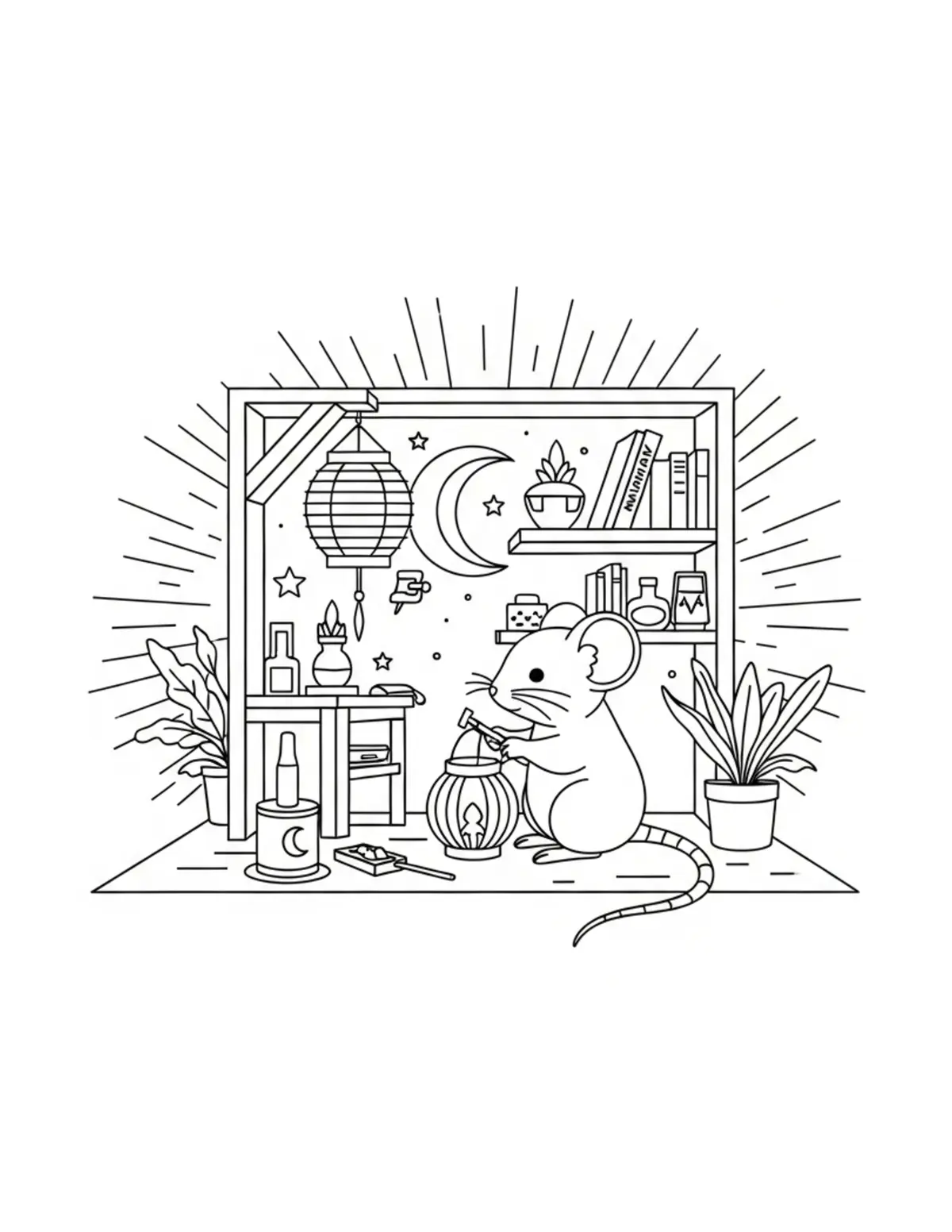 Free printable coloring page: little mouse repairing moonlig coloring page. Cute and cozy tiny animal design for kids and adults to download and print.