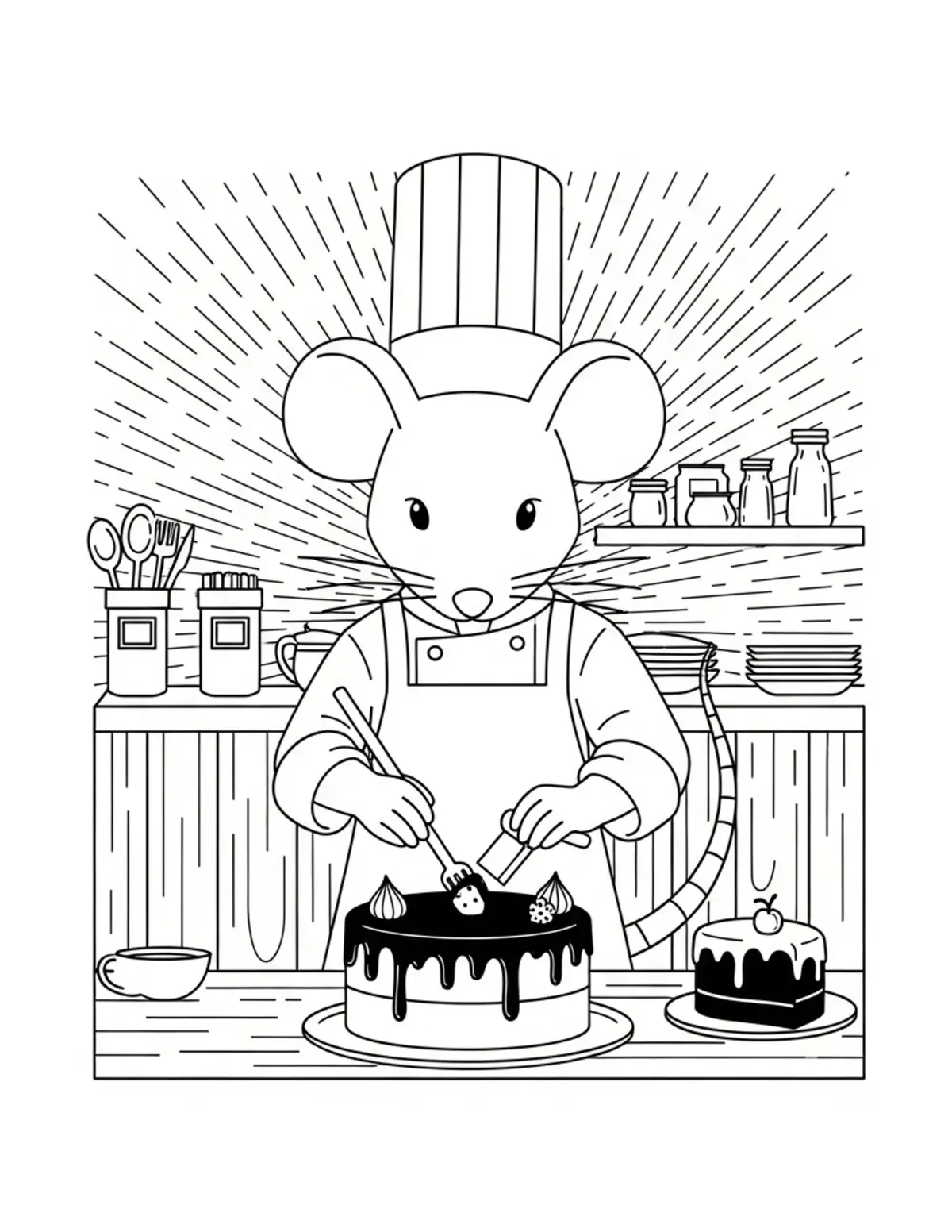 Mouse Making Chocolate Cake In Coloring Page - free printable JPG featuring adorable mouse bakery scenes