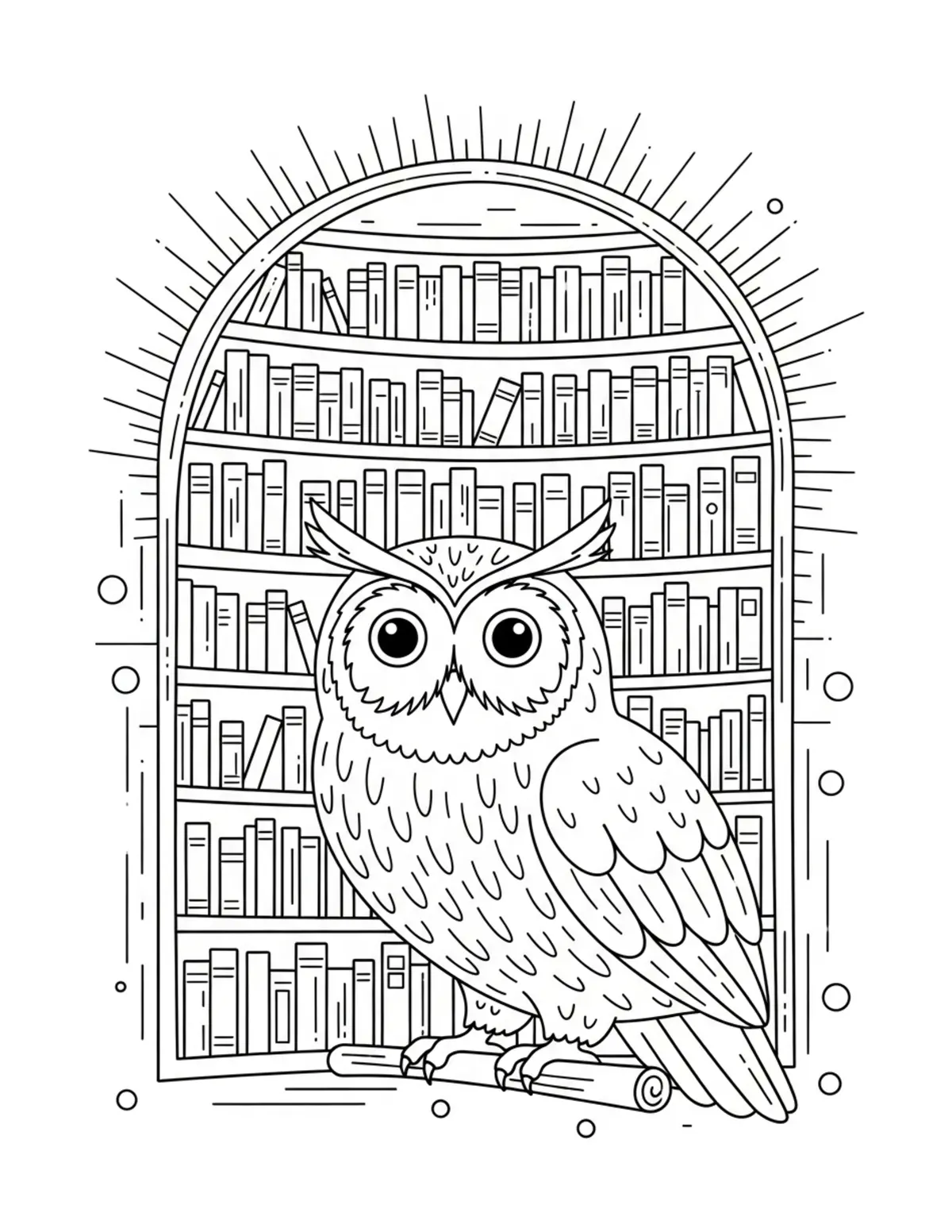 Owl Exploring A Magical Librar Coloring Page - free printable JPG featuring adorable owl reading scenes