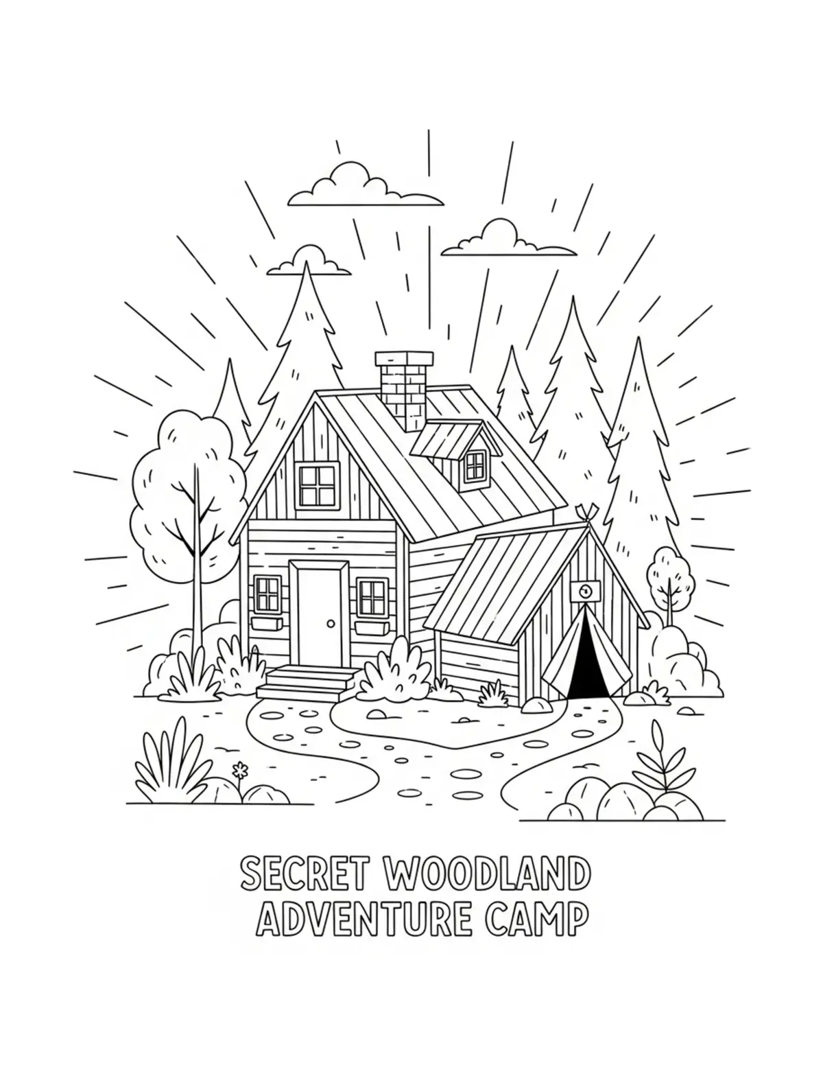 Free printable coloring page: secret-woodland-adventure-camp coloring page. Cute and cozy design for kids and adults to download and print.