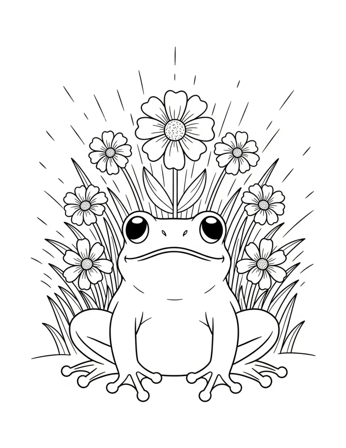 Free printable coloring page: spring frog flower festival coloring page. Cute and cozy design for kids and adults to download and print.