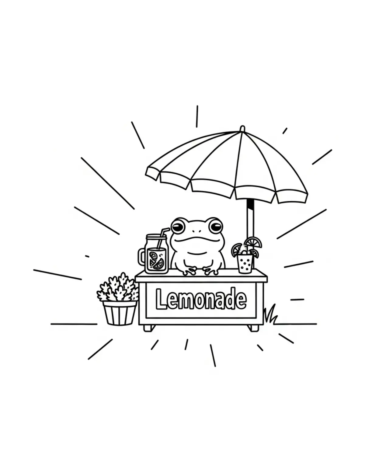 Free printable coloring page: tiny-frog-selling-lemonade-in coloring page. Cute and cozy design for kids and adults to download and print.