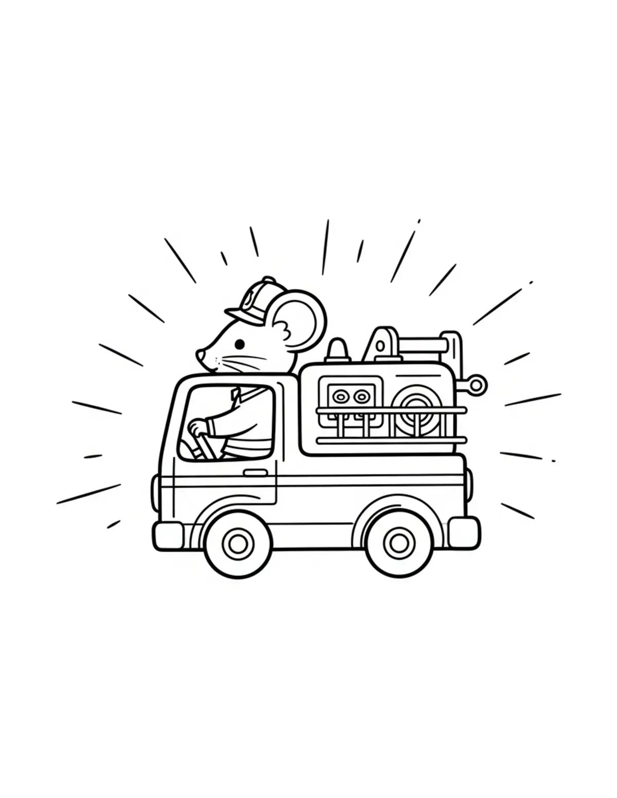 Free printable coloring page: tiny-mouse-driving-a-mini-fire coloring page. Cute and cozy design for kids and adults to download and print.