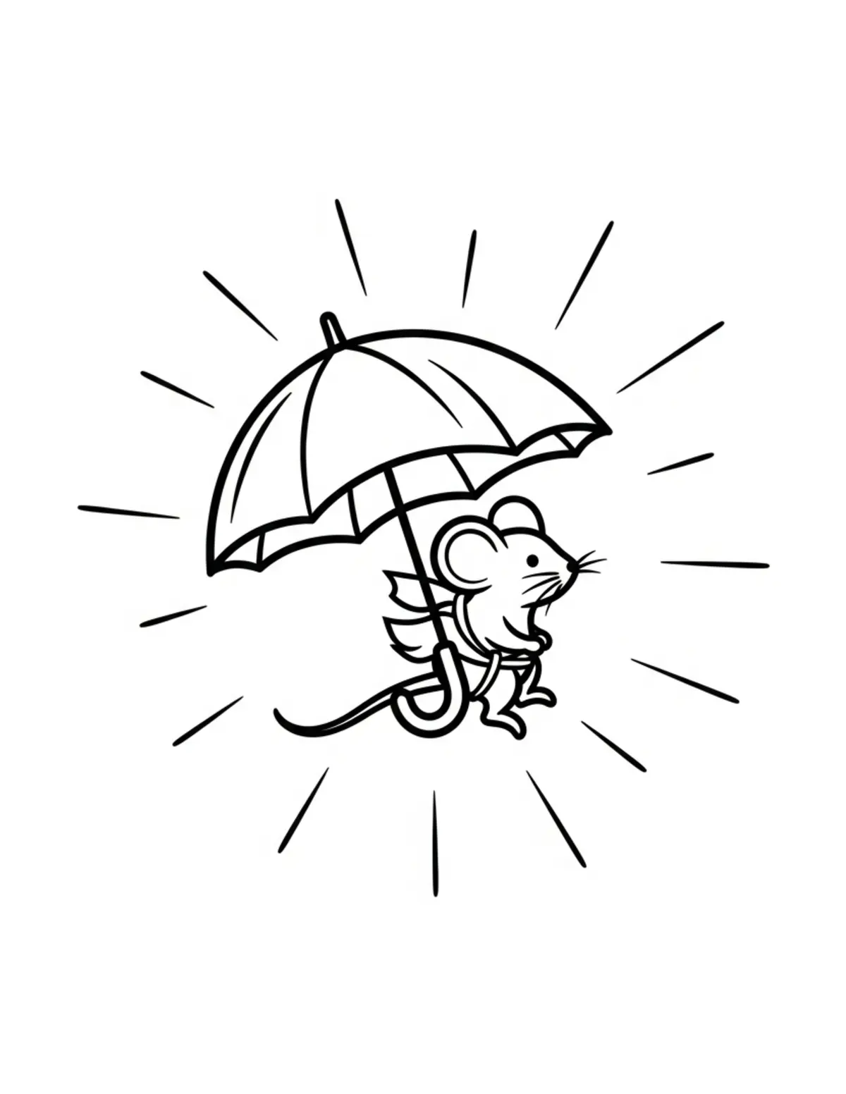 Free printable coloring page: tiny-mouse-riding-a-flying-umb coloring page. Cute and cozy design for kids and adults to download and print.
