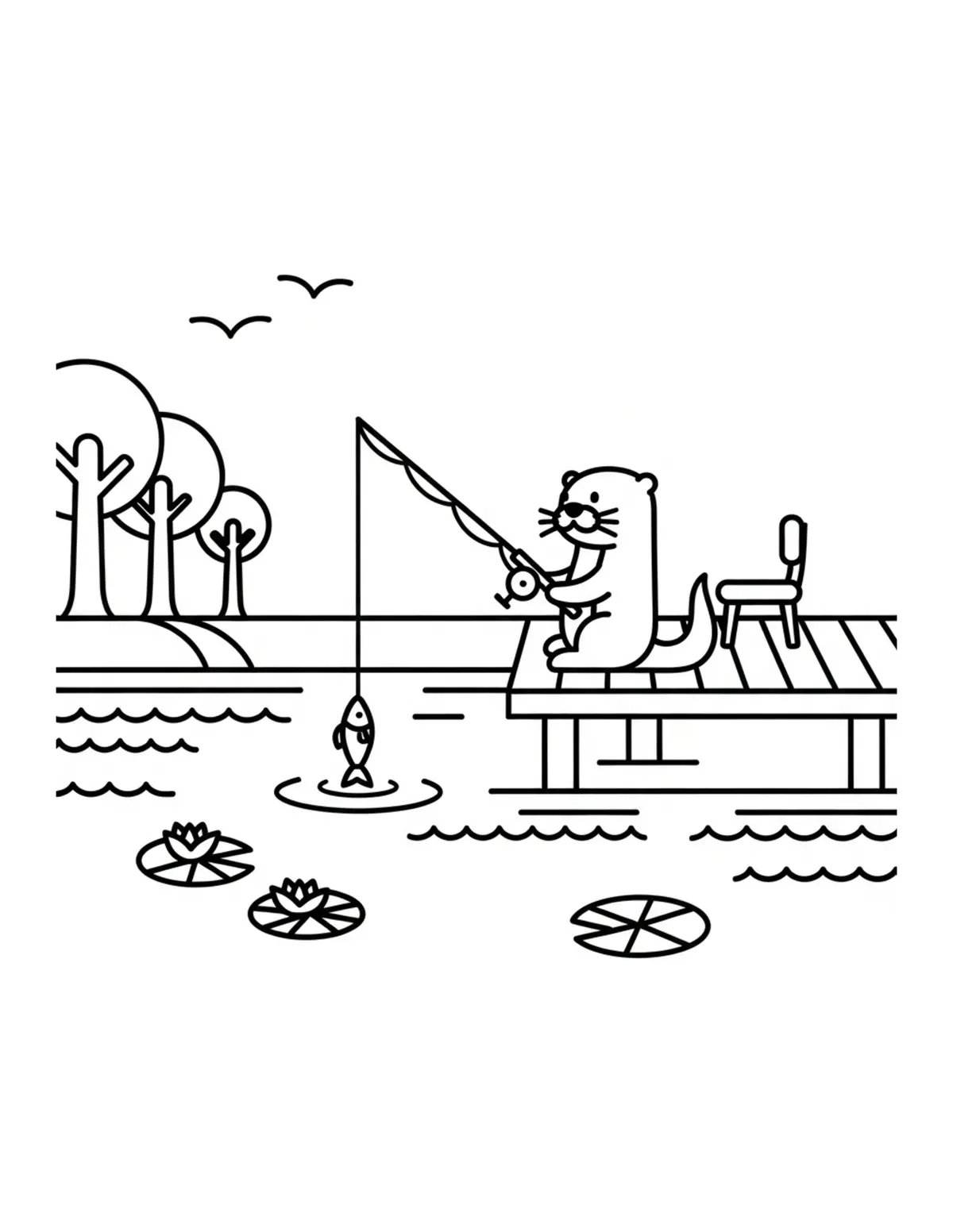 Free printable coloring page: tiny-otter-fishing-from-a-cozy coloring page. Cute and cozy design for kids and adults to download and print.