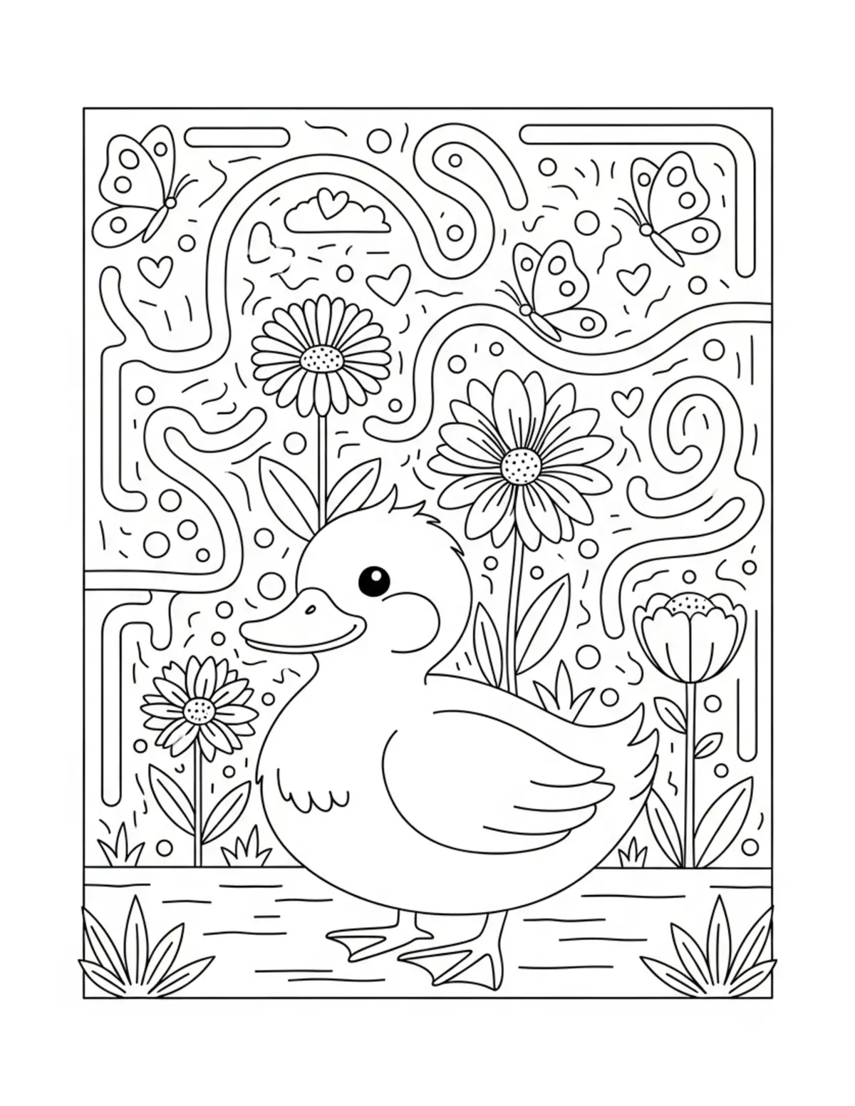 Free printable coloring page: tiny duck flower garden maze coloring page. Cute design for kids and adults.