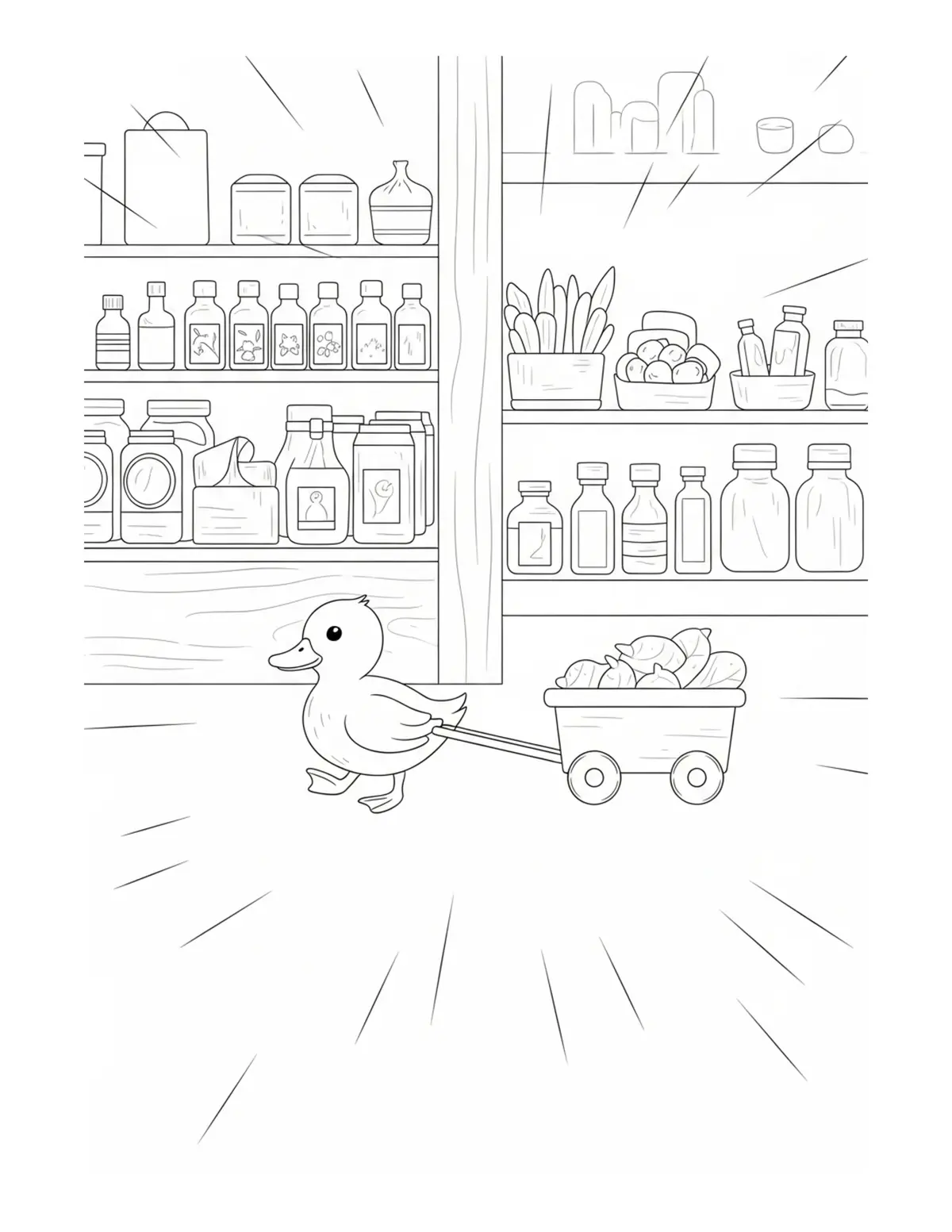 Tiny Duck Pulling A Small Toy  Coloring Page - free printable JPG featuring adorable tiny animal village scene