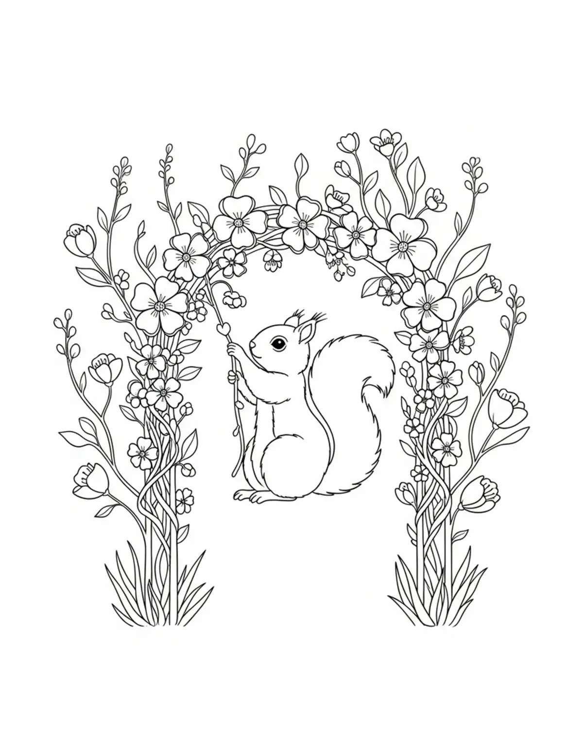 Tiny Squirrel Decorating A Flo Coloring Page - free printable JPG featuring adorable tiny animal village scene