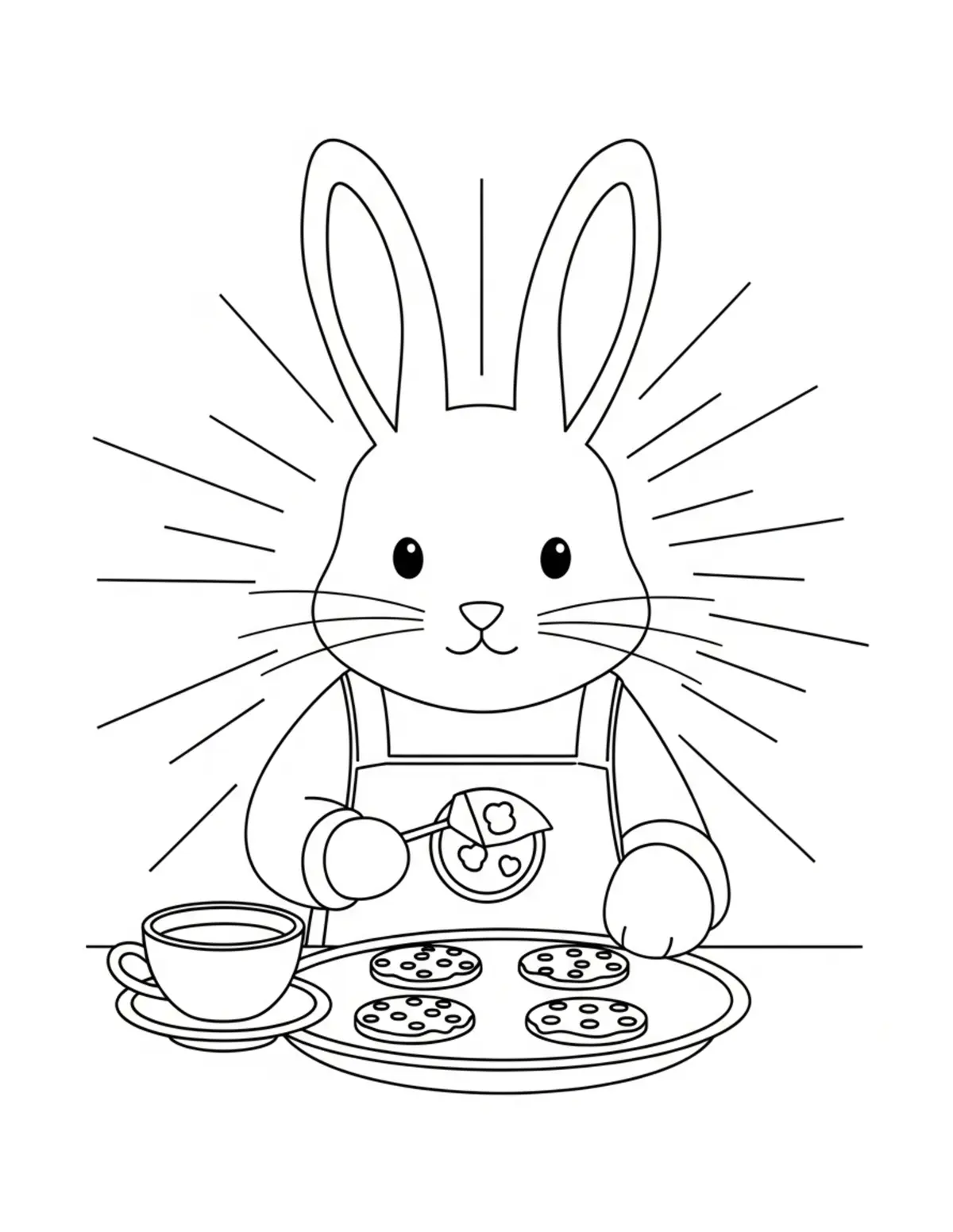 Free printable coloring page: bunny baking cookies coloring page. Cute and cozy design for kids and adults to download and print.