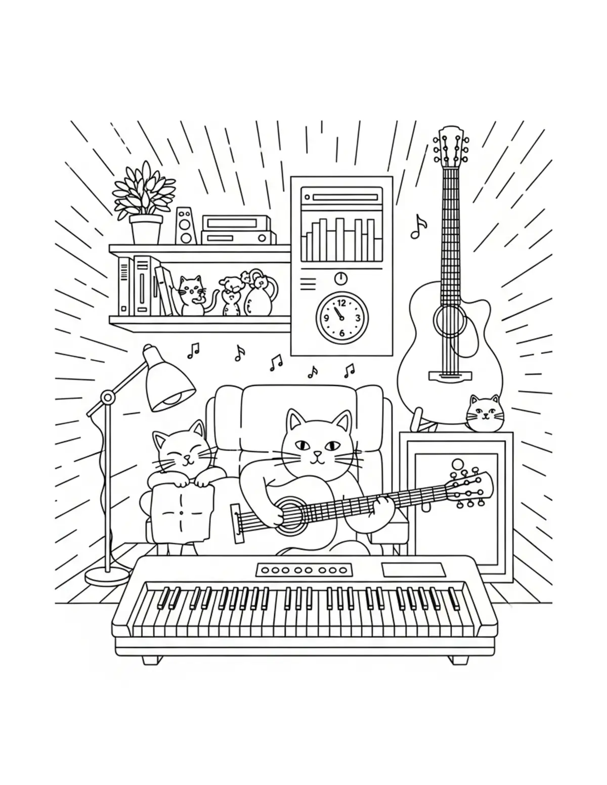 Cat Music Room — free printable cozy coloring coloring page for kids and adults