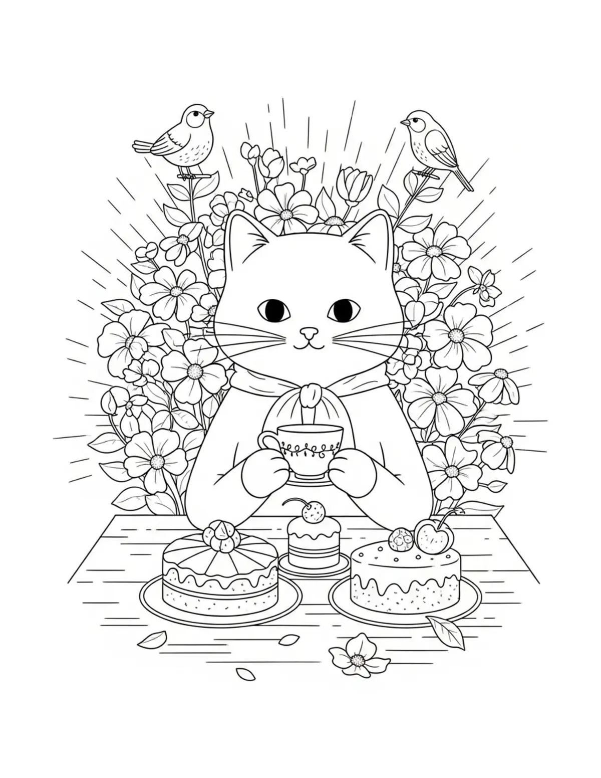 Free printable coloring page: cute cat having tea in flower coloring page. Cute and cozy animal design for kids and adults to download and print.