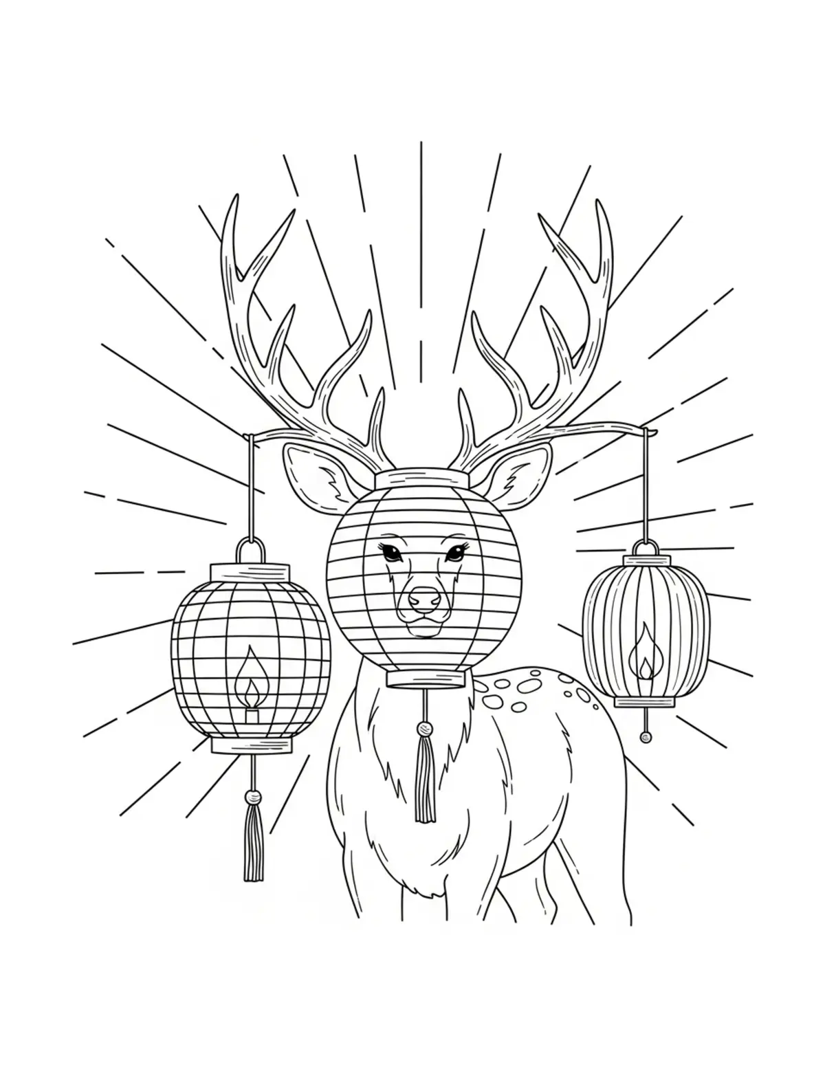 Free printable coloring page: deer lantern evening scene coloring page. Cute and cozy deer cottage design for kids and adults to download and print.