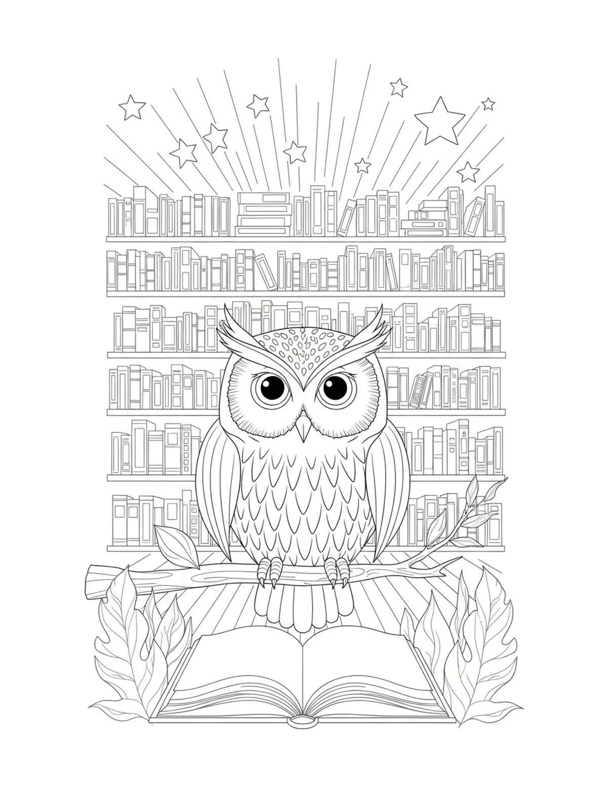Free printable coloring page: owl library giant boo coloring page. Cute and cozy design for kids and adults to download and print.