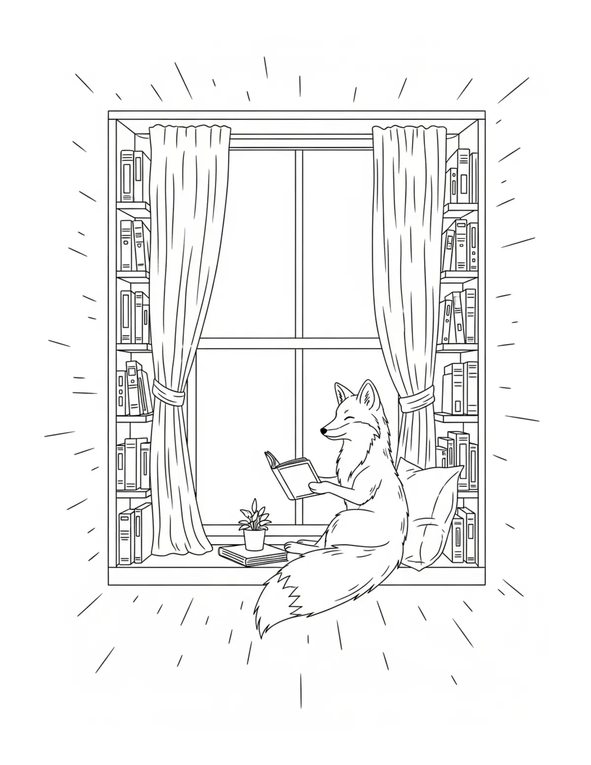 Free printable coloring page: fox library window seat coloring page. Cute and cozy design for kids and adults to download and print.