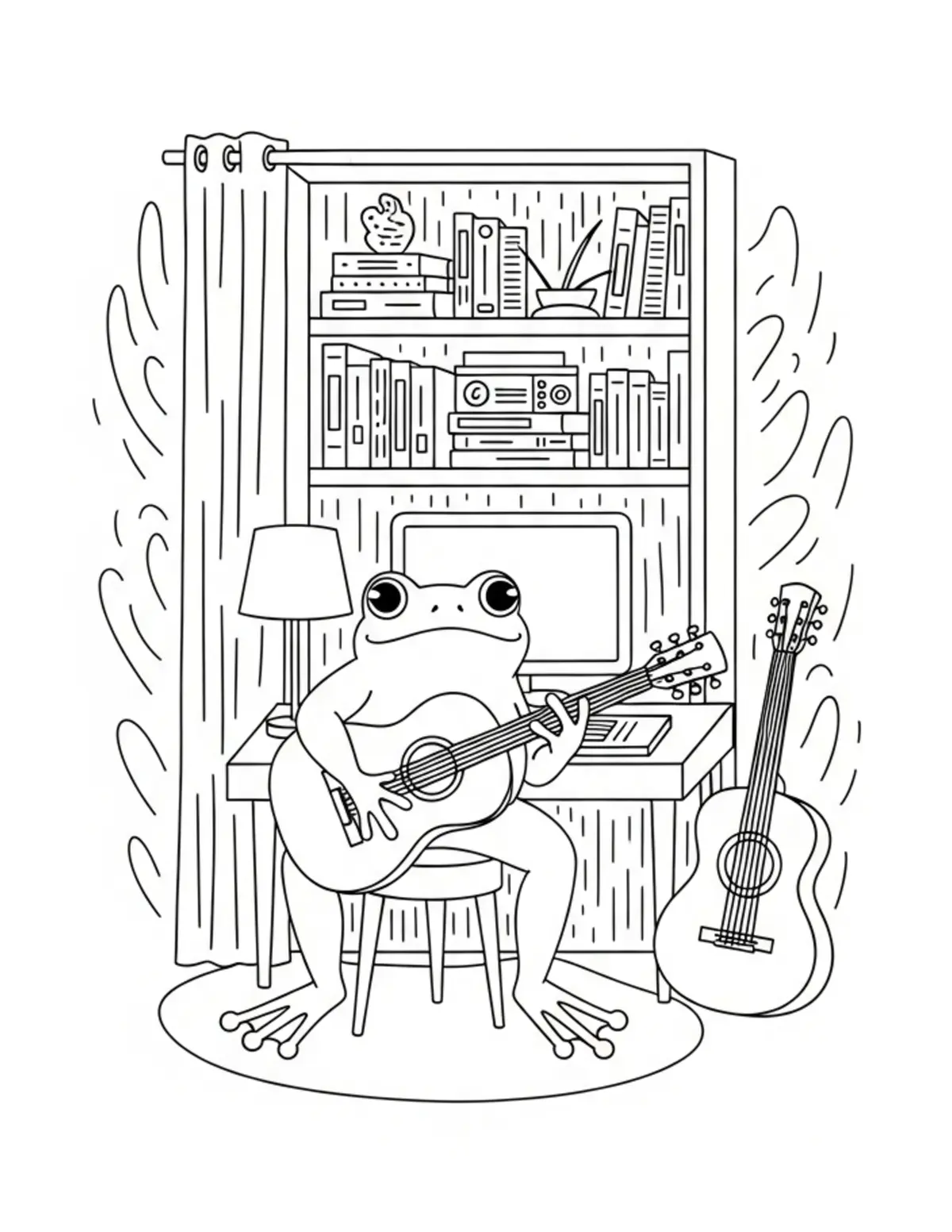 Free printable coloring page: frog music room coloring page. Cute and cozy design for kids and adults to download and print.