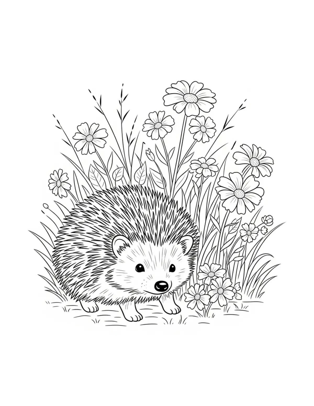 Free printable coloring page: hedgehog cottage garden coloring page. Cute and cozy hedgehog garden design for kids and adults to download and print.