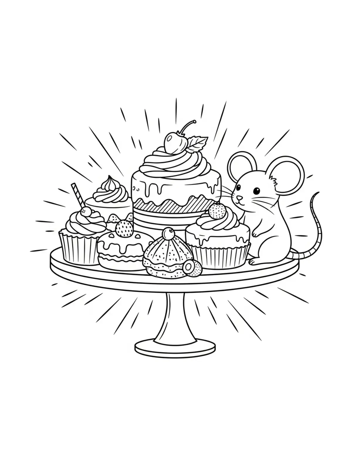 Free printable coloring page: mouse dessert buffet coloring page. Cute and cozy mouse tea party design for kids and adults to download and print.