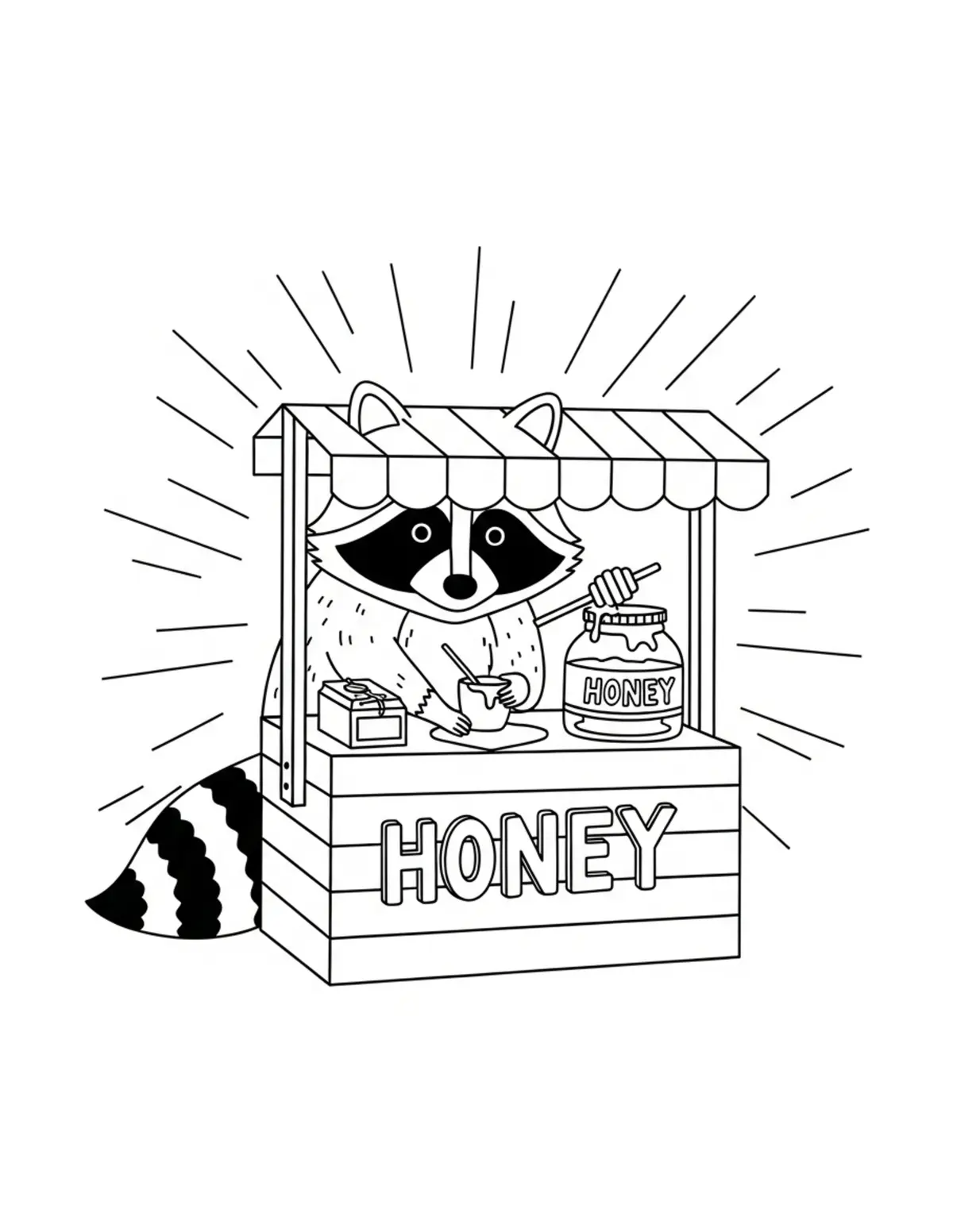 Raccoon Honey Stand coloring page - free printable JPG featuring adorable raccoons at a market
