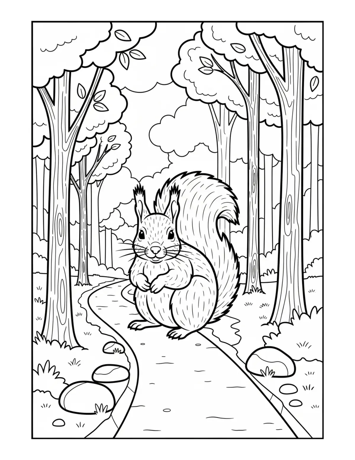 Squirrel Forest Pathway coloring page - free printable JPG featuring adorable squirrels in a woodland scene