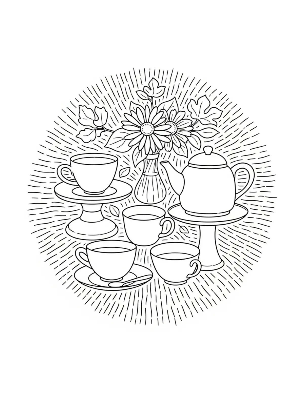 Free printable coloring page: tea-party-garden coloring page. Cute and cozy design for kids and adults to download and print.