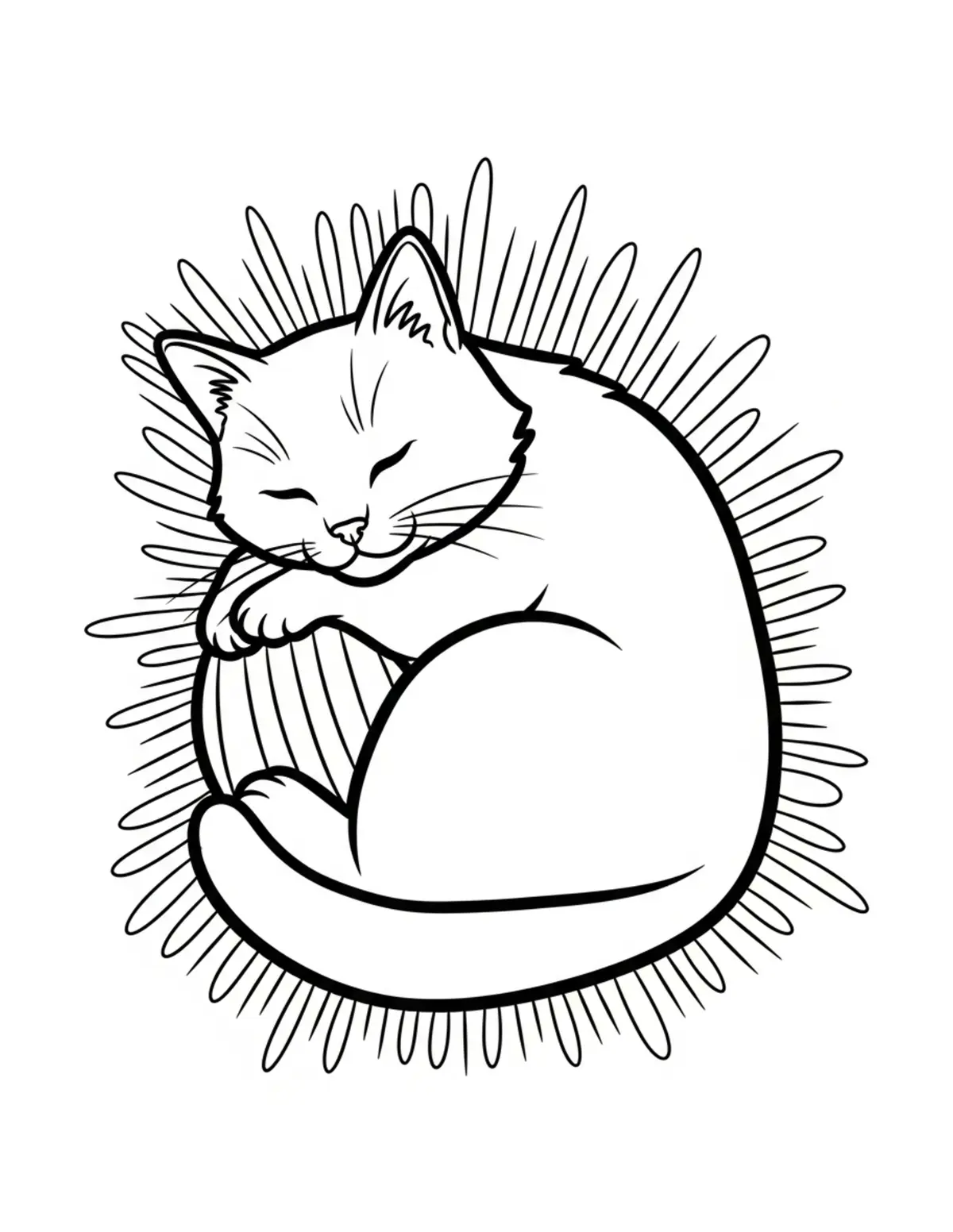Free printable coloring page: bold-easy-sleeping-cat coloring page. Cute and cozy design for kids and adults to download and print.