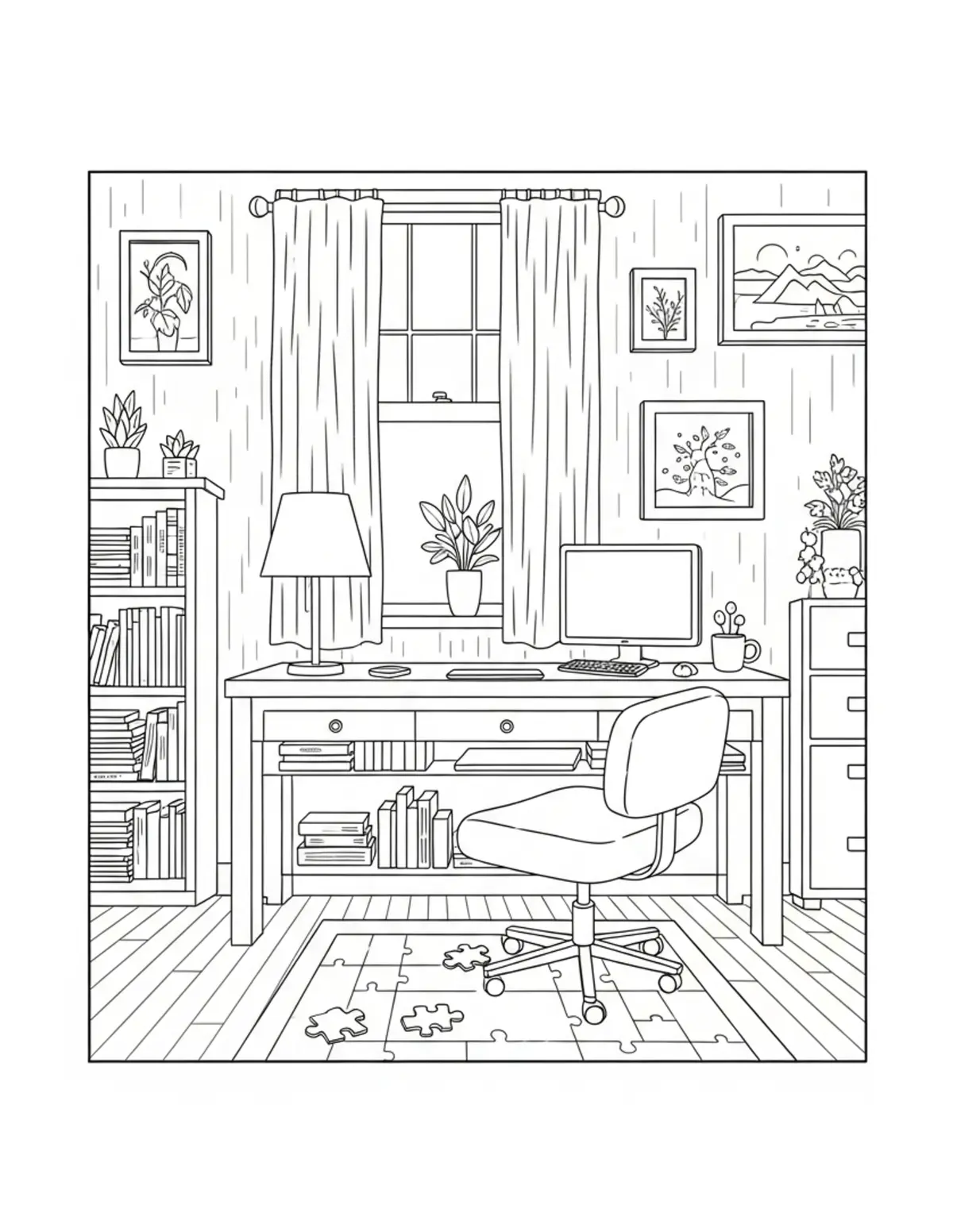 Free printable coloring page: cozy puzzle solving room coloring page. Cute and cozy design for kids and adults to download and print.
