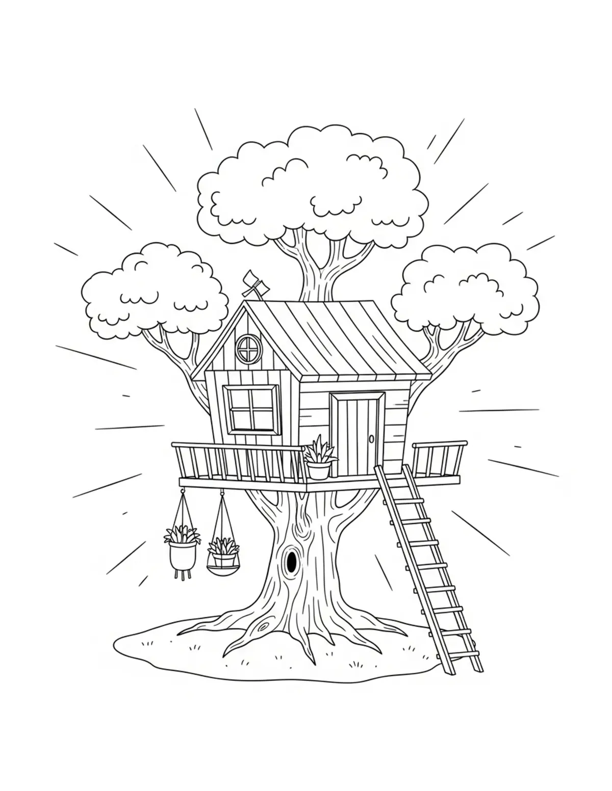 Free printable coloring page: cozy summer treehouse hideout coloring page. Cute and cozy summer design for kids and adults to download and print.