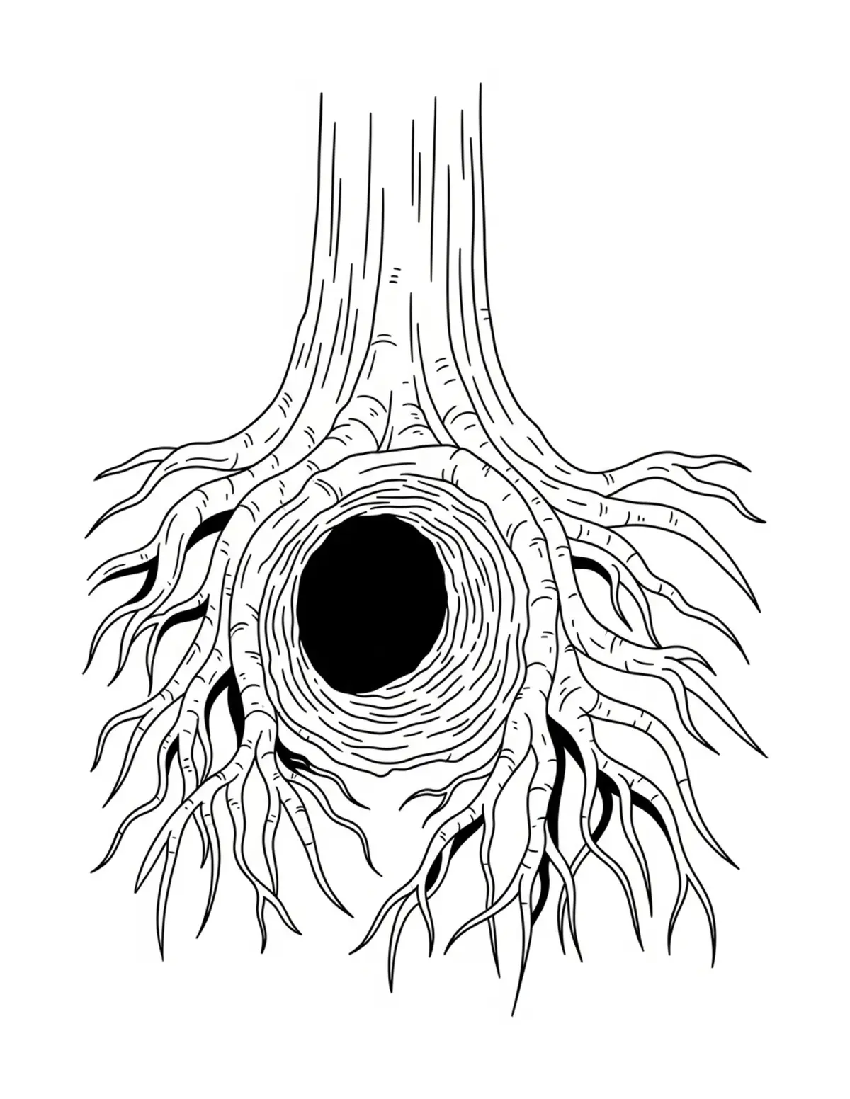 Free printable coloring page: mystery-tree-root-tunnels coloring page. Cute and cozy design for kids and adults to download and print.