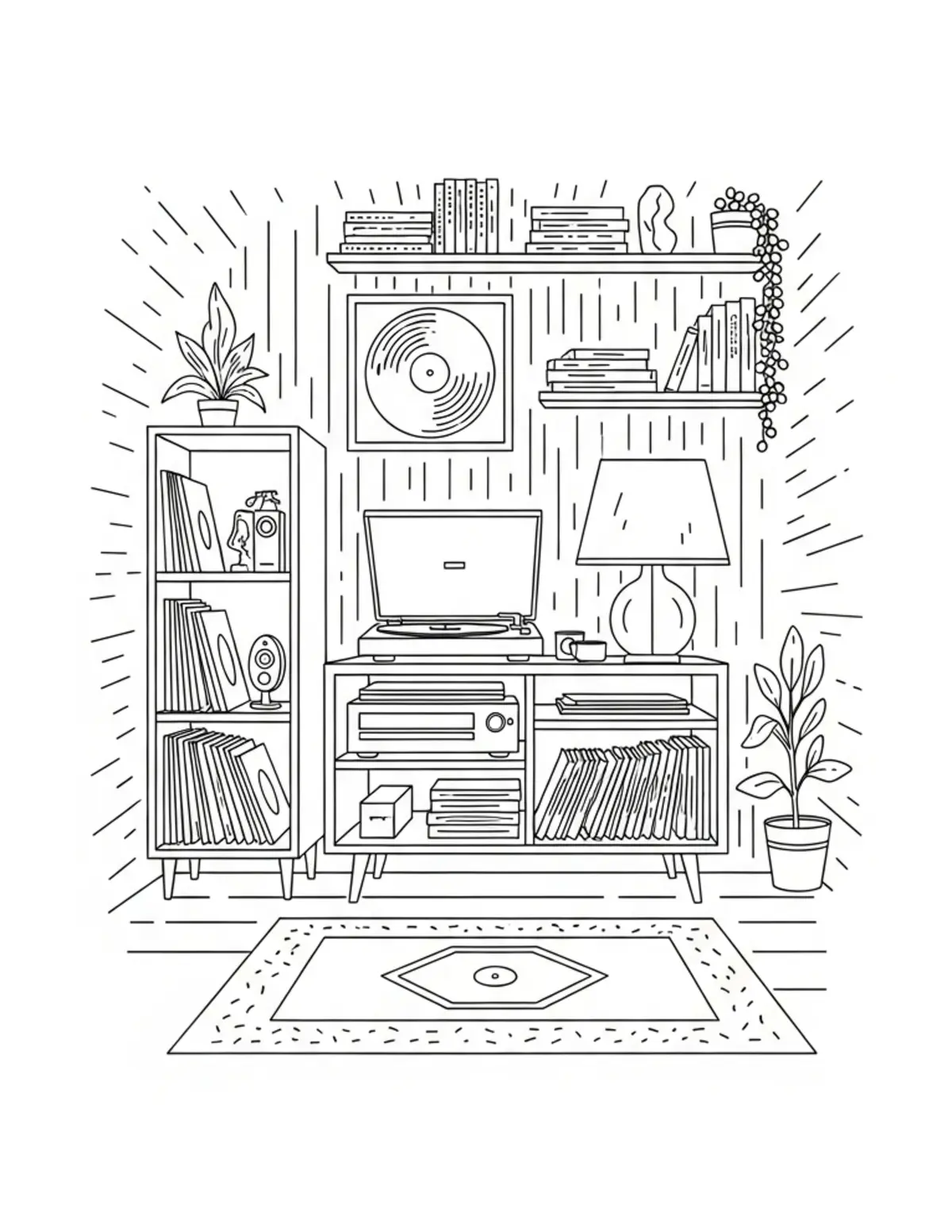Free printable coloring page: cozy vintage record room coloring page. Cute and cozy design for kids and adults to download and print.