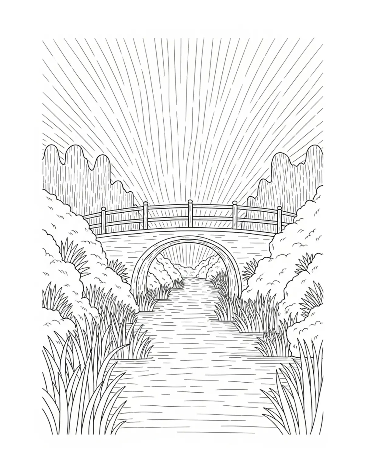 Free printable coloring page: hidden-fairy-bridge-crossing coloring page. Cute and cozy design for kids and adults to download and print.