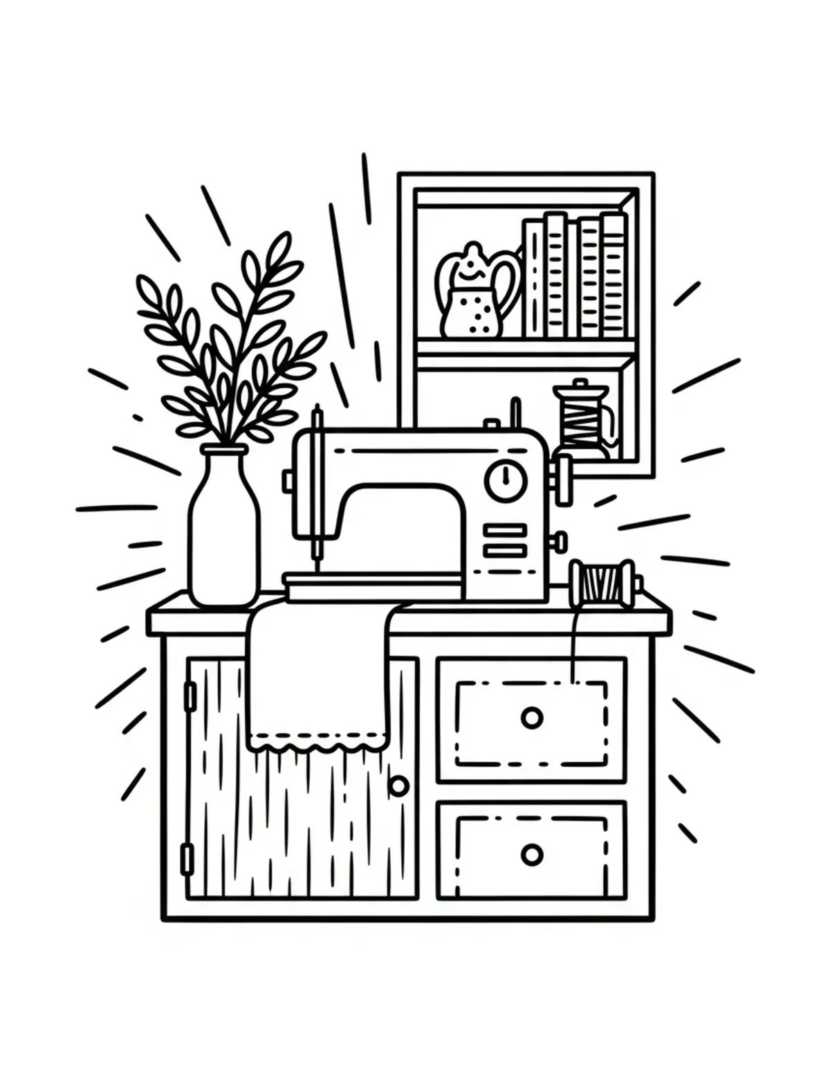 Free printable coloring page: cozy sewing corner coloring page. Cute and cozy design for kids and adults to download and print.