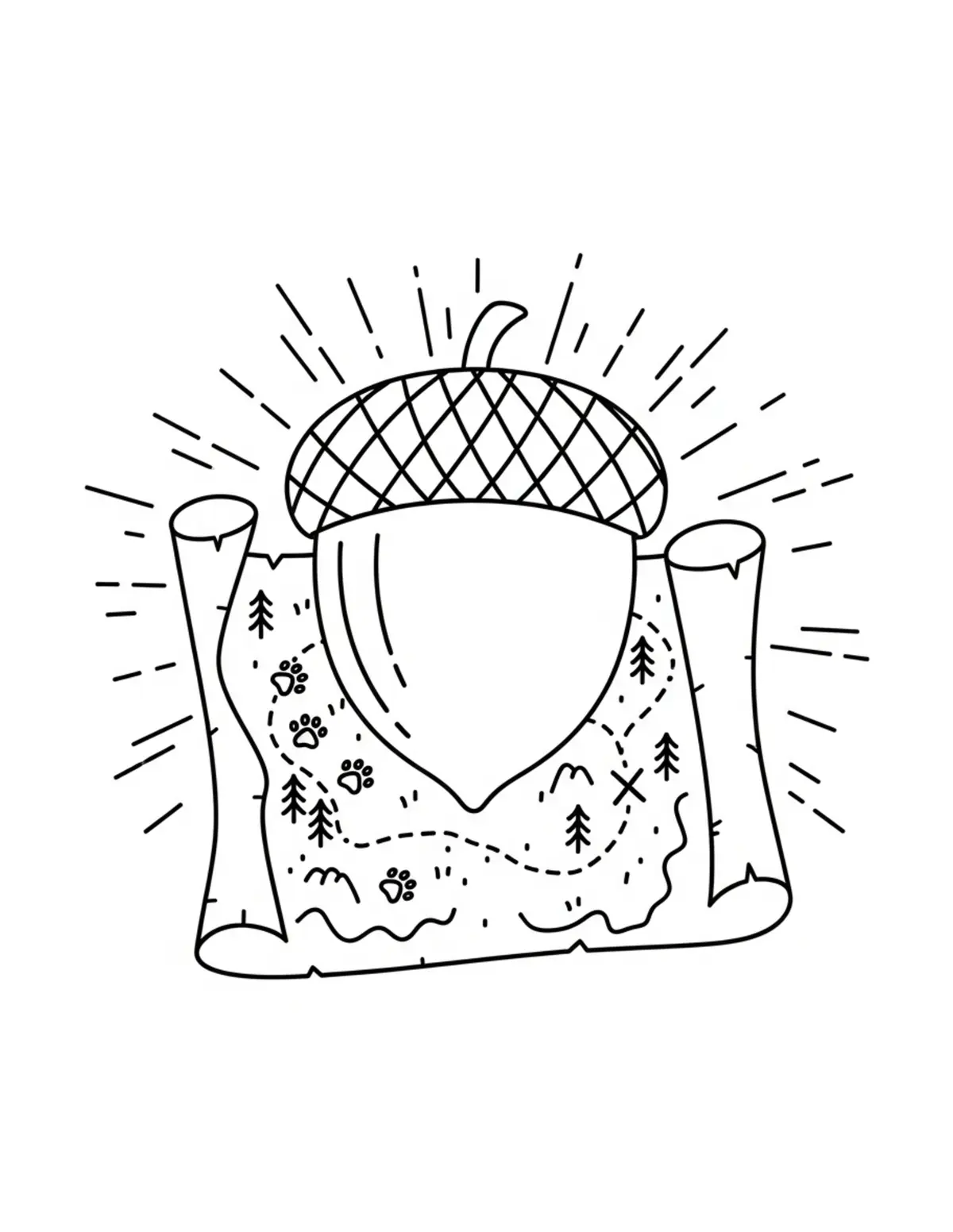 Free printable coloring page: lost-acorn-treasure-trail coloring page. Cute and cozy design for kids and adults to download and print.