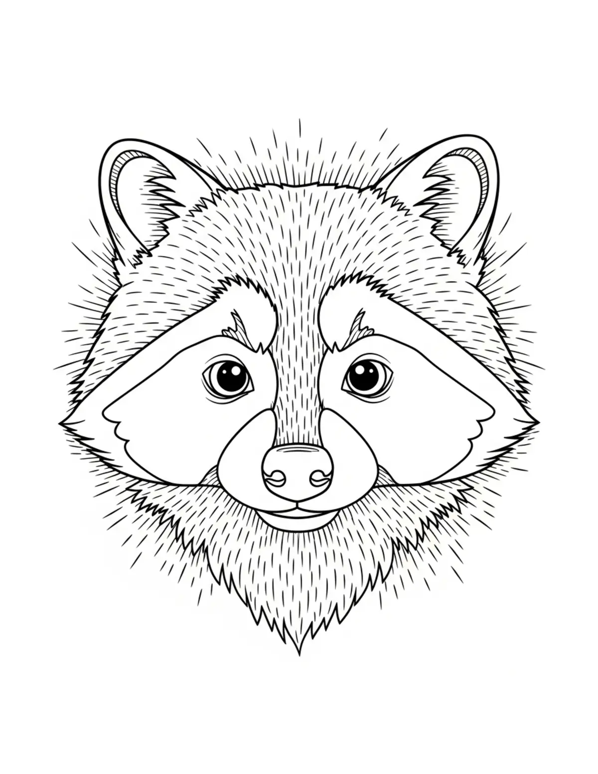 Free printable coloring page: bold-easy-raccoon-face coloring page. Cute and cozy design for kids and adults to download and print.