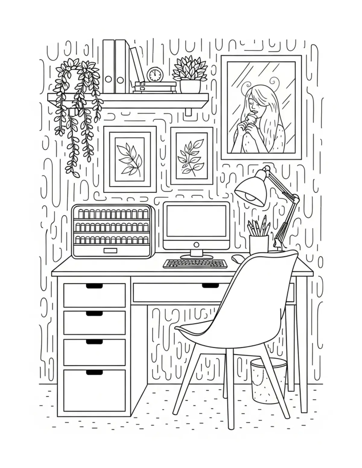 Free printable coloring page: cozy scrapbook craft room coloring page. Cute and cozy design for kids and adults to download and print.