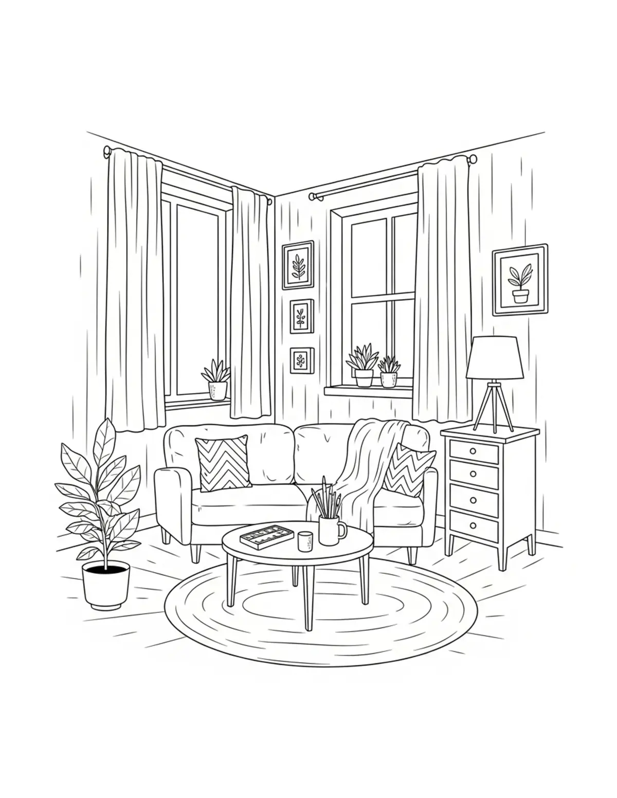 Free printable coloring page: cozy watercolor painting room coloring page. Cute and cozy design for kids and adults to download and print.