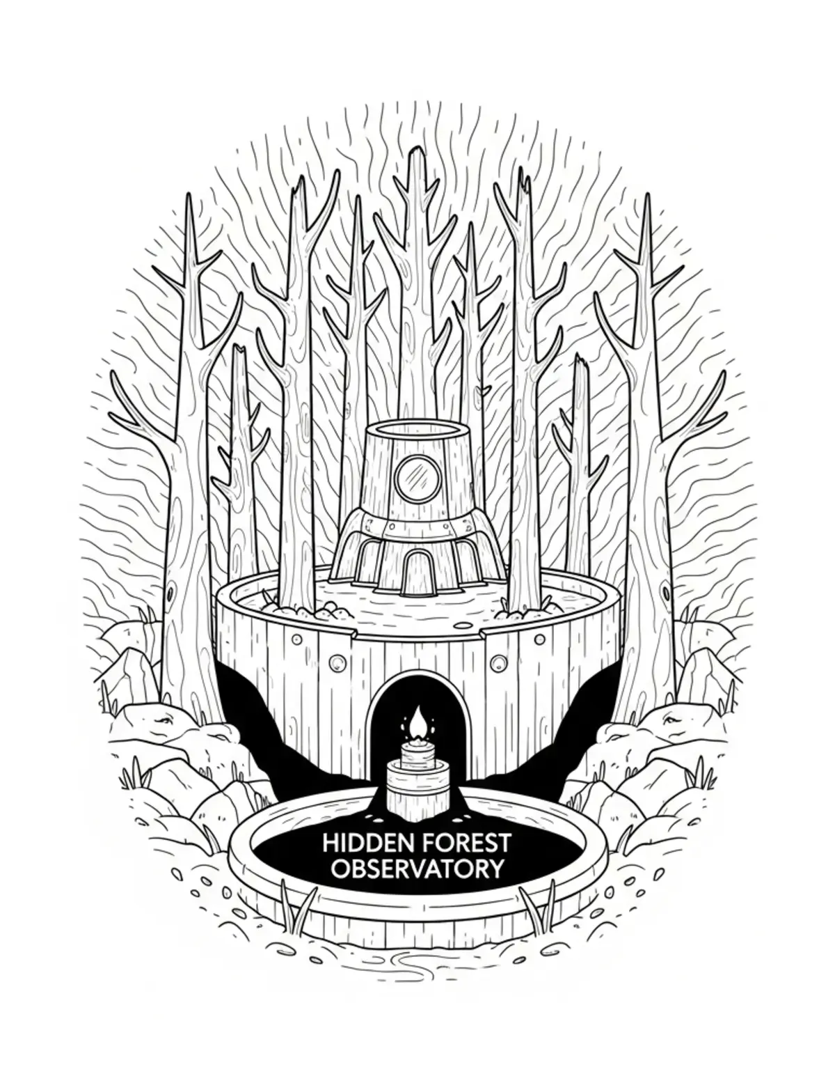 Free printable coloring page: hidden-forest-observatory coloring page. Cute and cozy design for kids and adults to download and print.